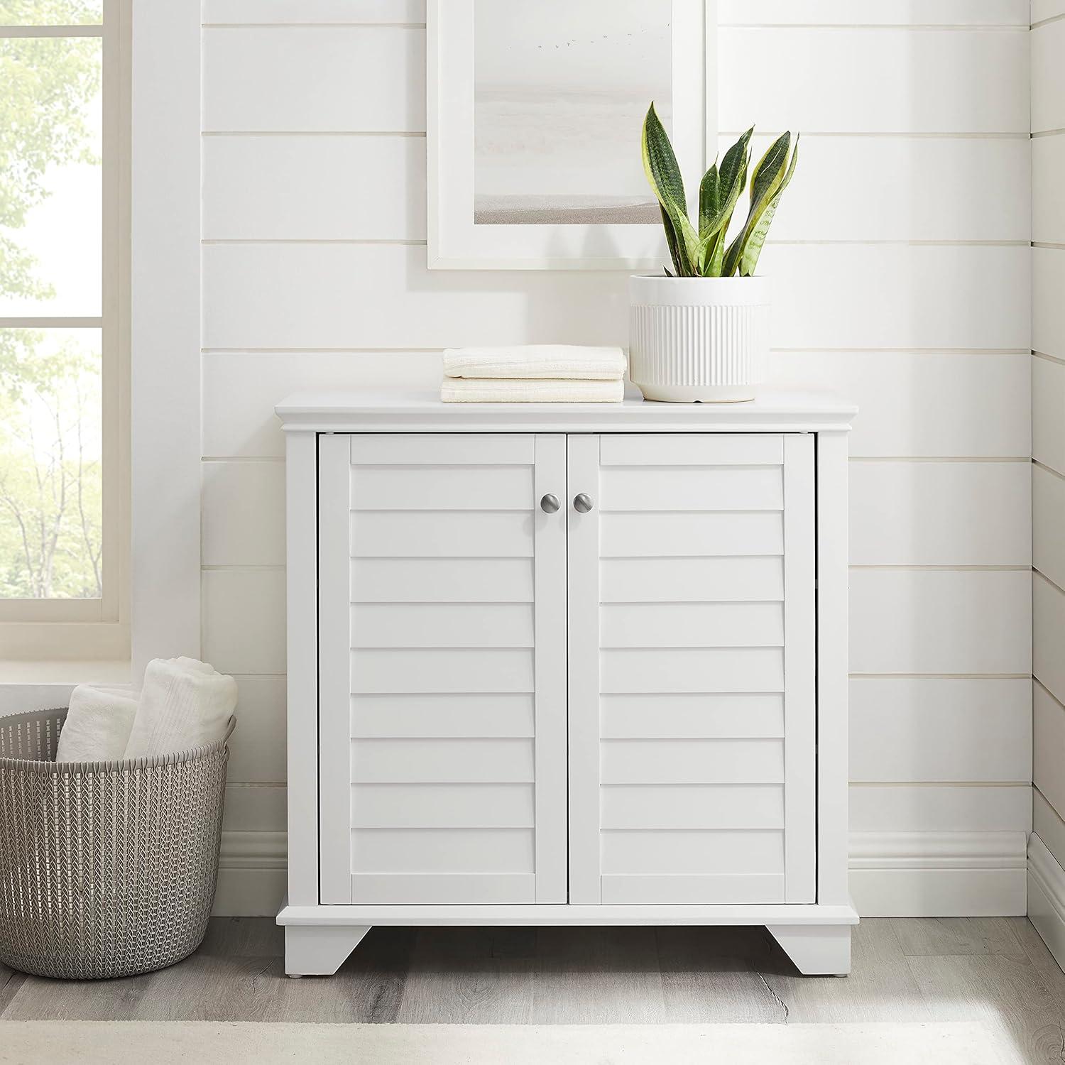 White Faux-Louvered Living Room Cabinet with Adjustable Shelving