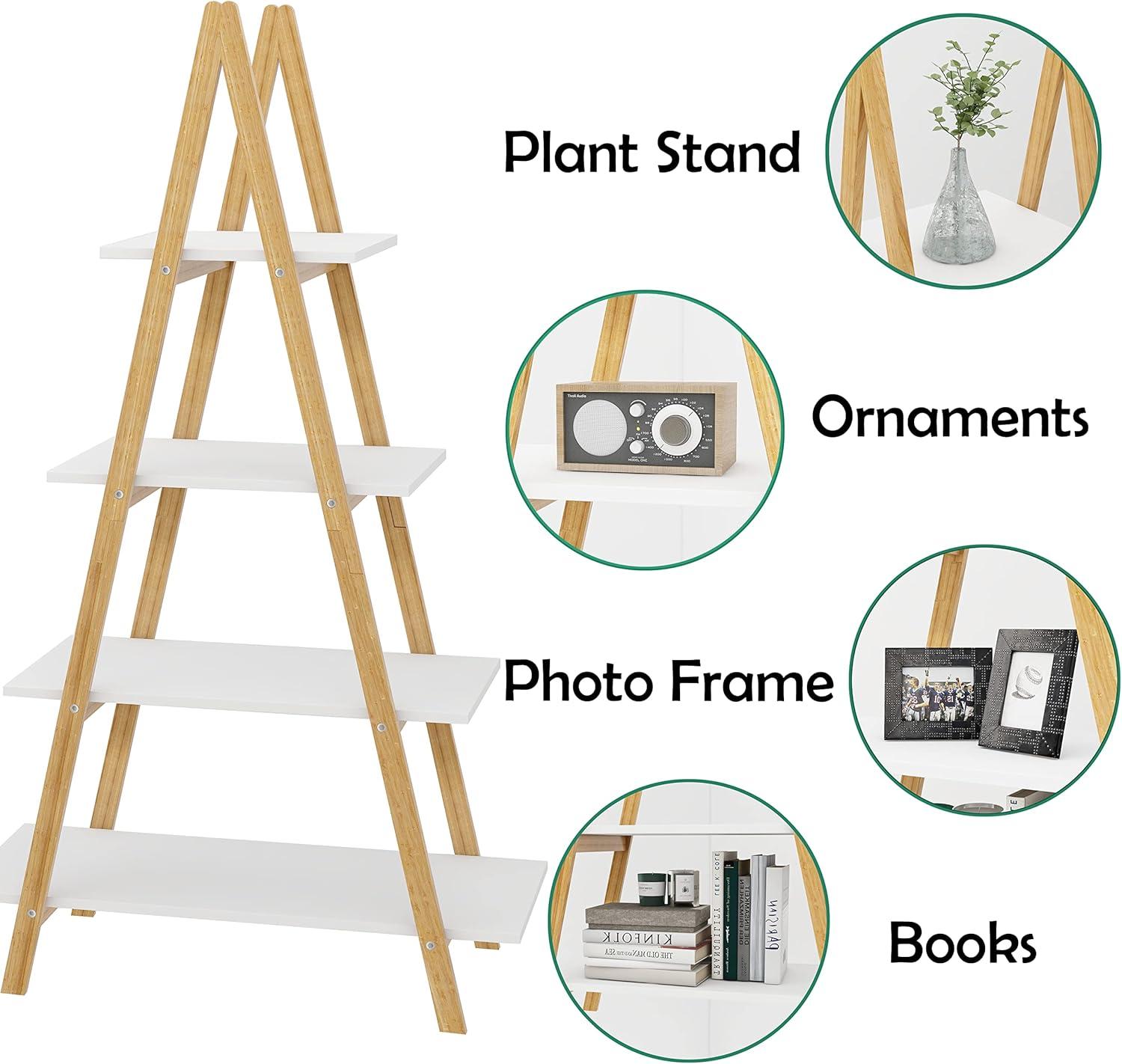 Solid Bamboo Wood A-Shaped Display Shelves, Classic 4-Tier Ladder Bookshelves with Open Shelf and Inclined Legs for Living Room, Office, White&Natural