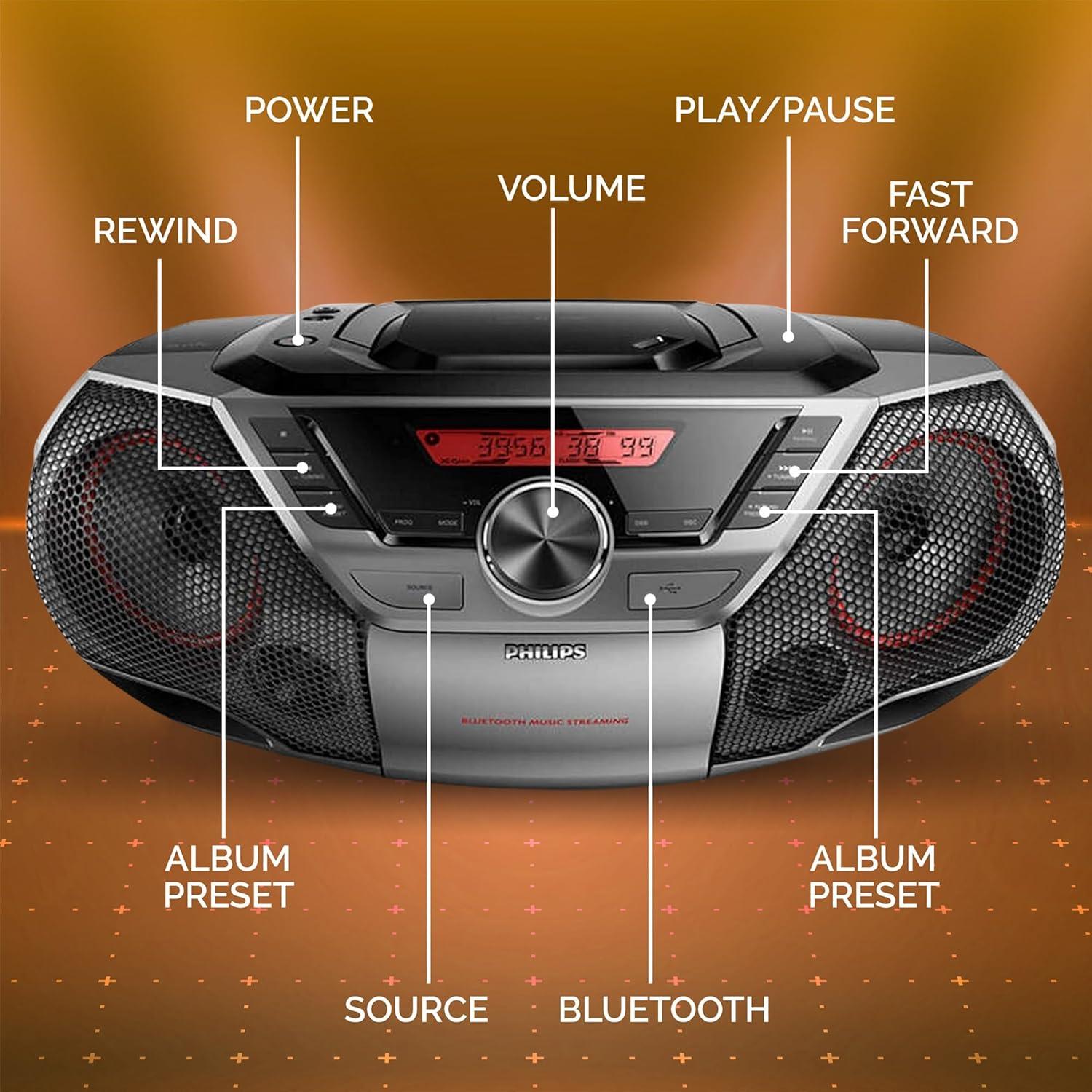 Philips Portable Boombox CD Player Bluetooth FM Radio MP3 Mega Bass Reflex Stereo Sound System with NFC, 12W, USB Input, Headphone Jack, and LCD Display