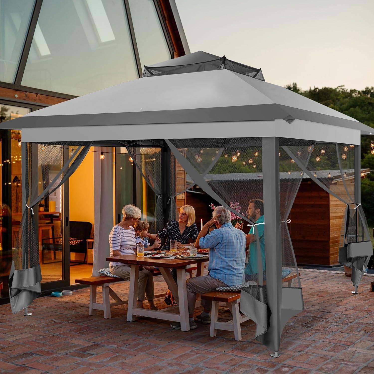 COBIZI Outdoor Canopy Gazebo 11x11 Pop up Gazebo Patio Gazebo with Mosquito Netting Outdoor Canopy Shelter with 121 Square feet of Shade for Outdoor Lawn, Garden, Backyard and Deck, Gray