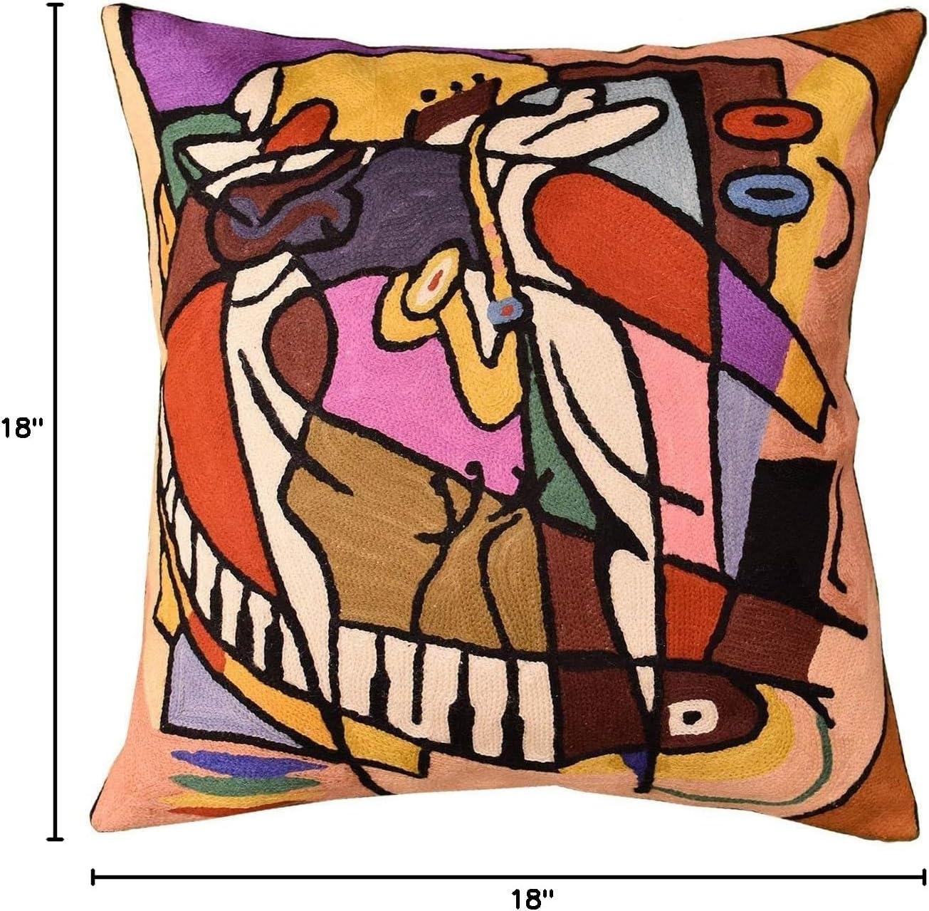 Hand Embroidered Abstract Multicolor Cotton Wool Pillow Cover 18x18