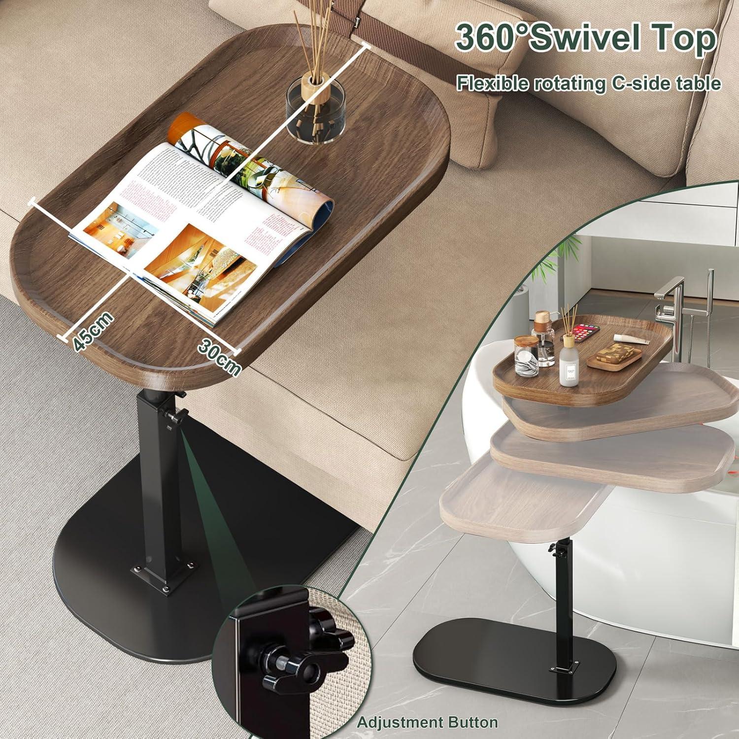 C Shaped Side Table Adjustable Height, 360°Swivel C Shaped End Table, Couch Side Tables That Slide Under, Small Coffee C Table End Table for Sofa/Bed/Bathtub, Rotating Elevate Tabletop (black)