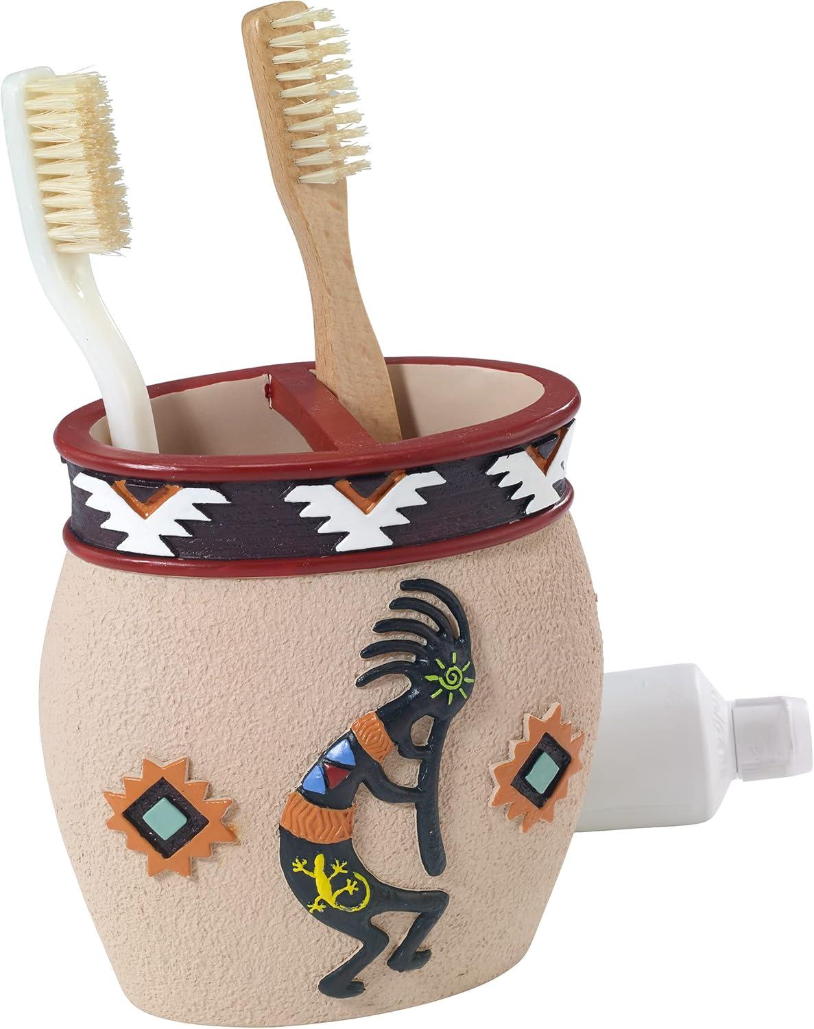 Beige Painted Resin Aztec Toothbrush Holder with Southwest Symbols