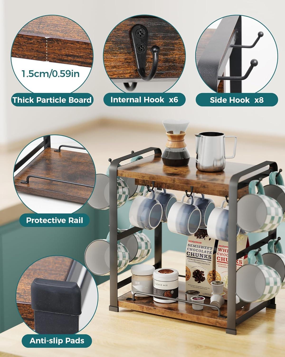 17 Stories Coffee Bar Organizer With 14 Mug Hooks, Wood Coffee Mug Holder Stand For Countertop, 2 Tier Coffee Station Organizer For Coffee Cups, Mugs, Syrups, Accessories