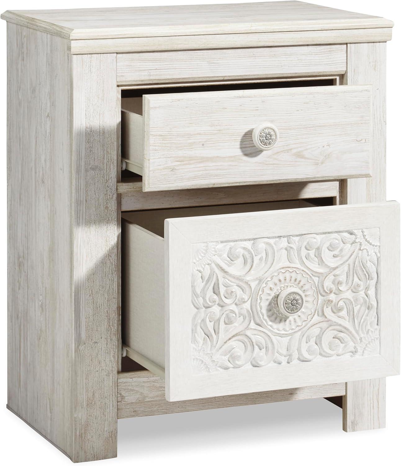 Paxberry Two Drawer Nightstand White Wash - Signature Design by Ashley: Traditional Style, USB Port, Storage Function