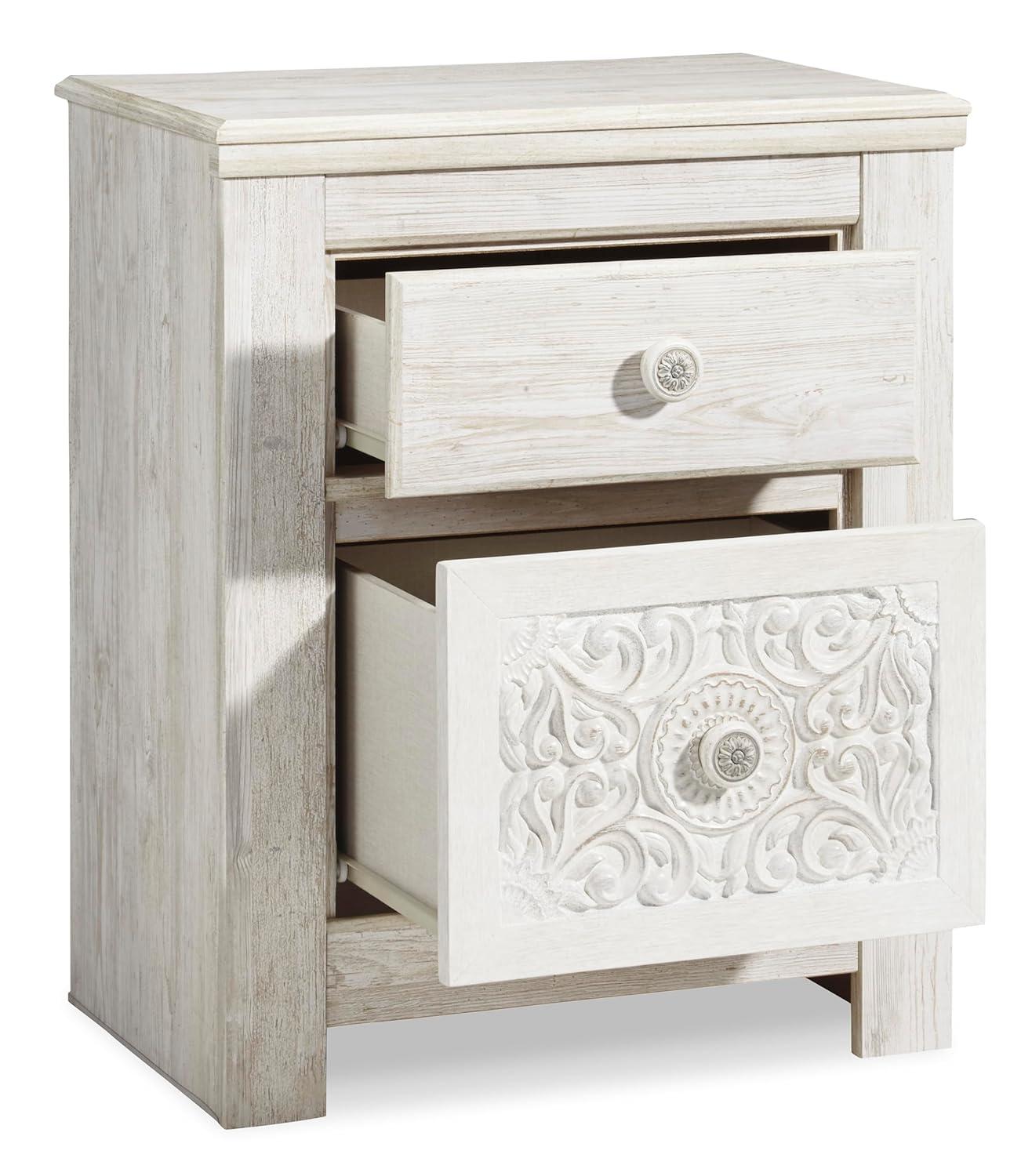 Paxberry Two Drawer Nightstand White Wash - Signature Design by Ashley: Traditional Style, USB Port, Storage Function