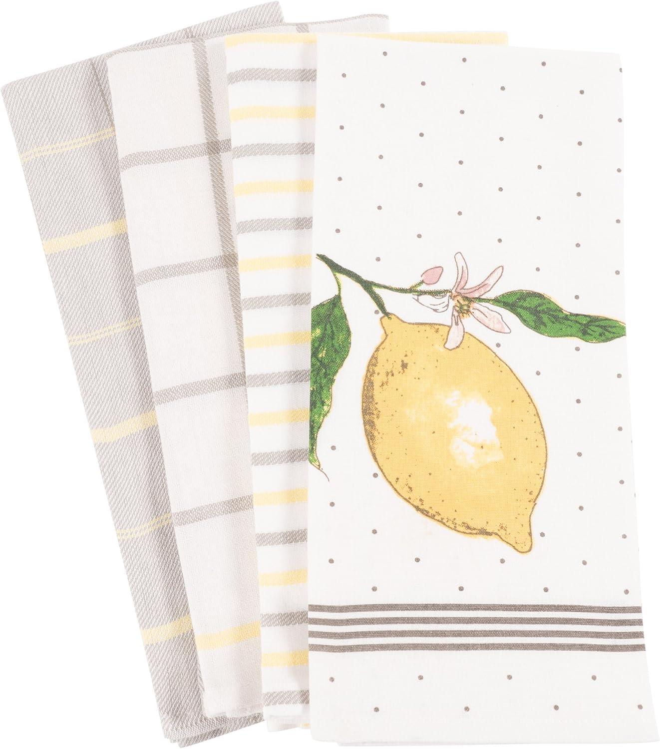 Lemon Print and Striped Cotton Kitchen Dish Towel Set, 18 x 28 inches