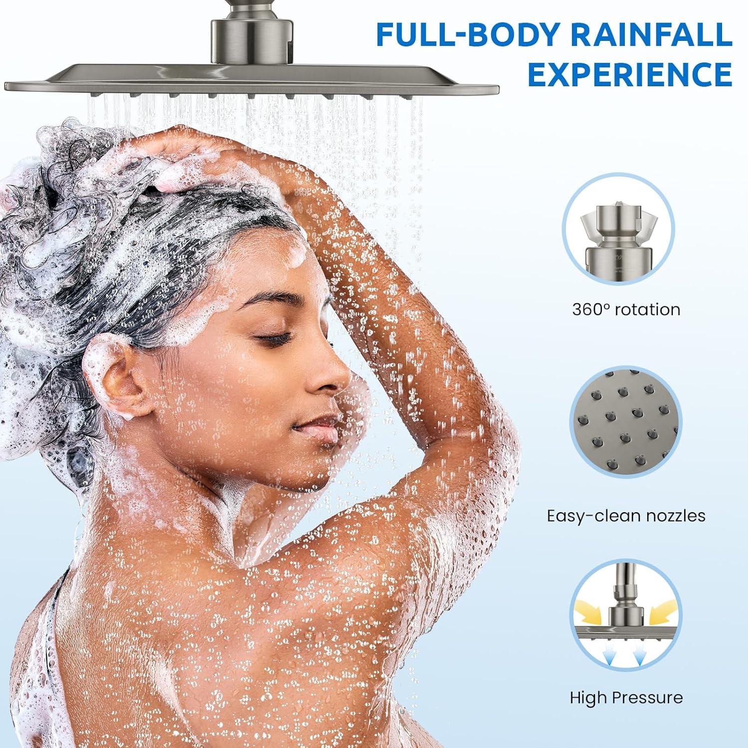 8" Dual Shower Head Combo, Rainfall Shower Head with Handheld, 6 Spray Settings Angle Adjustable Handheld Shower Head with Pause, Height Adjustable, Matte Black