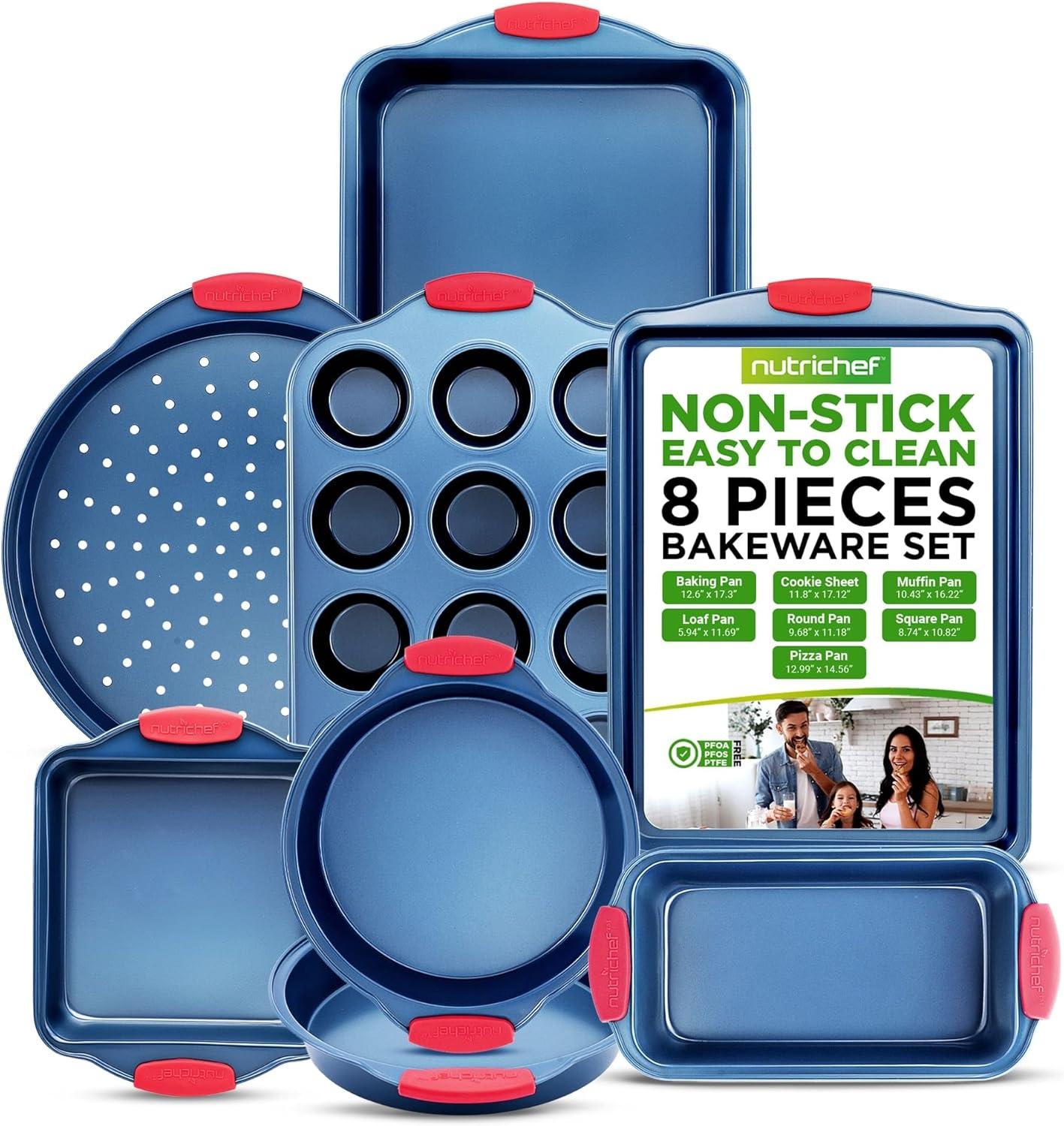 NutriChef 8-Piece Blue Nonstick Carbon Steel Bakeware Set with Red Silicone Handles