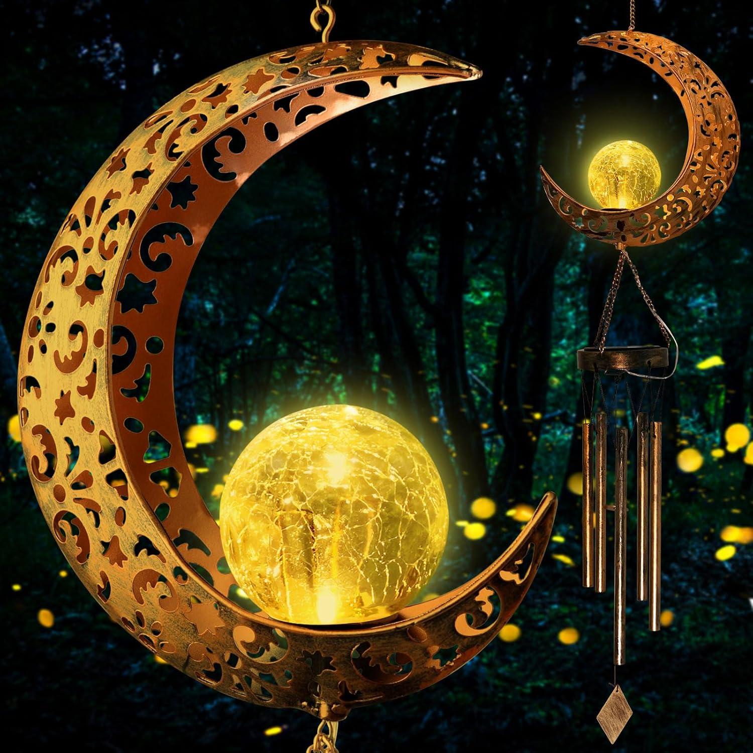 Moon Solar Lights Wind Chimes for Outside Gift for Women Gifts for Mom Grandma Birthday Gifts Large Moon Decor Windchimes Outdoors Gardening Gift for Outdoor Patio Yard Porch Solar Moon Night Lights