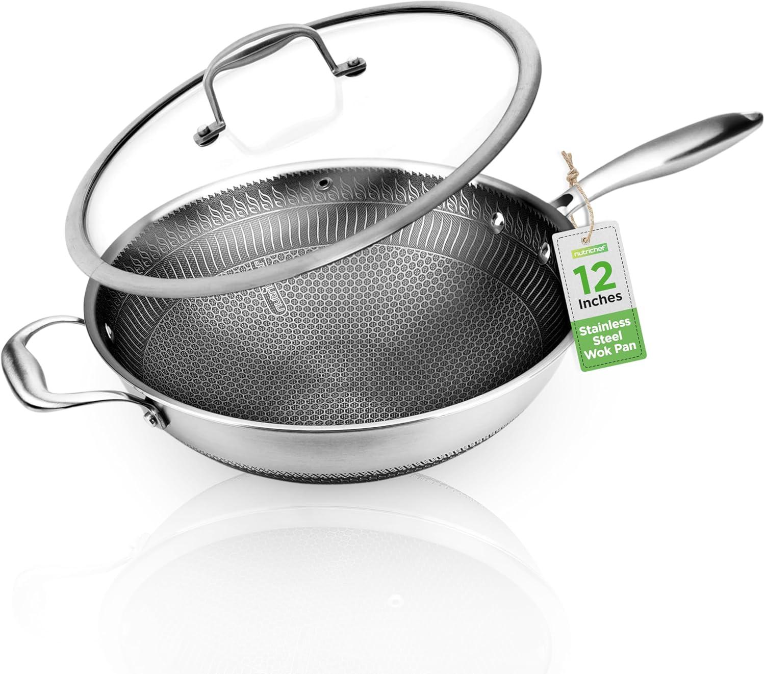 NutriChef 12-Inch Stainless Steel Nonstick Wok with Glass Lid