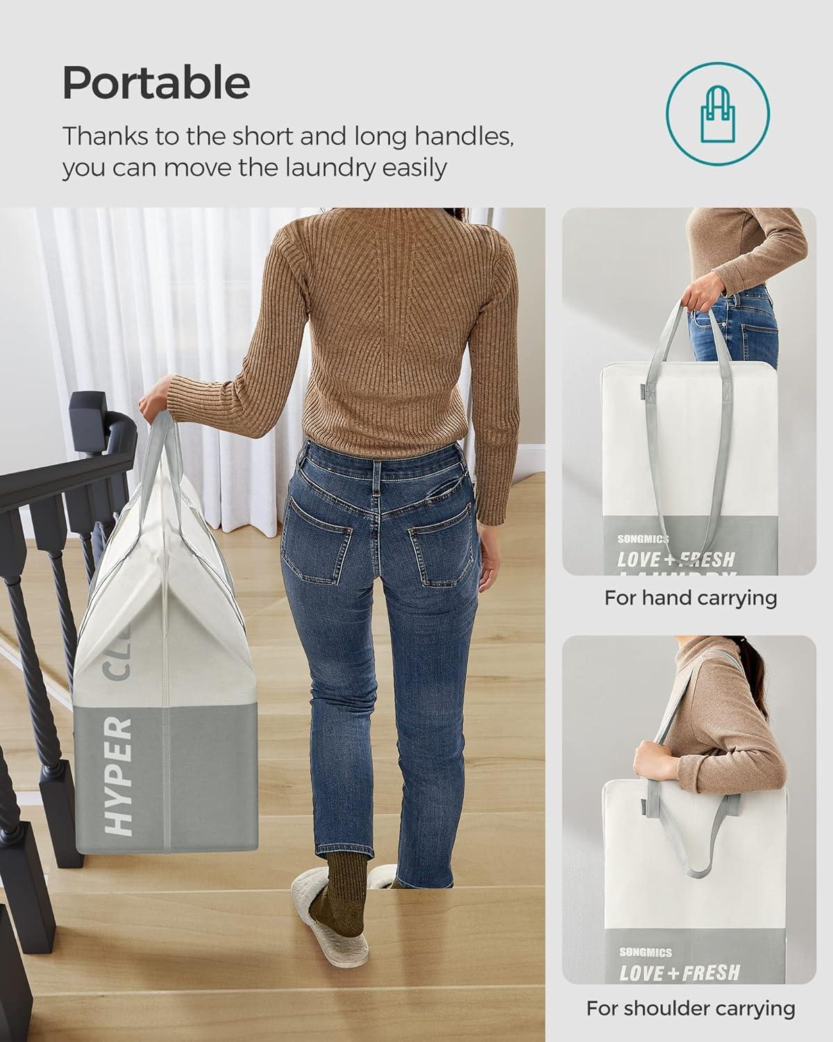 SONGMICS Laundry Baskets, Laundry Hamper with 2 Compartments, 23.8 Gallon (90L) Set of 2 Collapsible Water-Repellent Clothes Hampers, Tall Laundry Bag for Bedroom Bathroom, Light Gray ULCB209G12