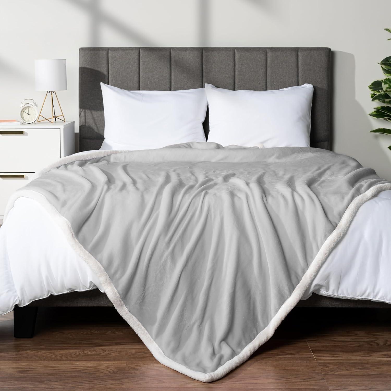 PAVILIA Premium Faux Shearling Fleece Throw Blanket for Bed, Reversible Warm Blanket for Couch Sofa, Light Gray/Throw - 50x60