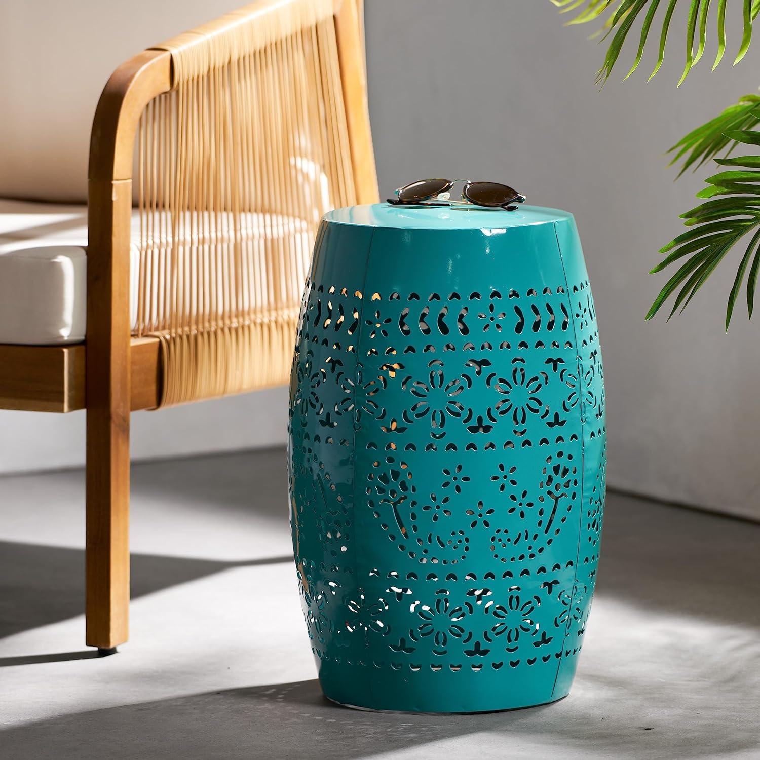 Teal 12" Iron Lace-Cut Outdoor Side Table