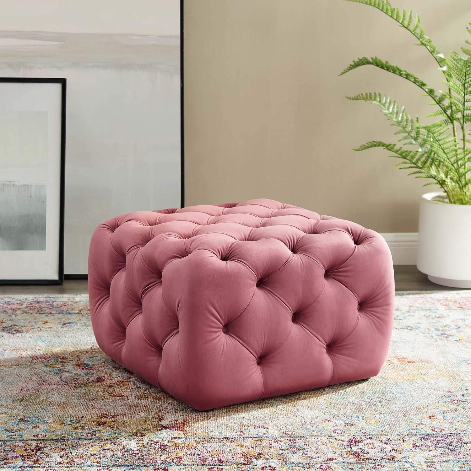 Dusty Rose Velvet Tufted Ottoman with Deep Button Detailing