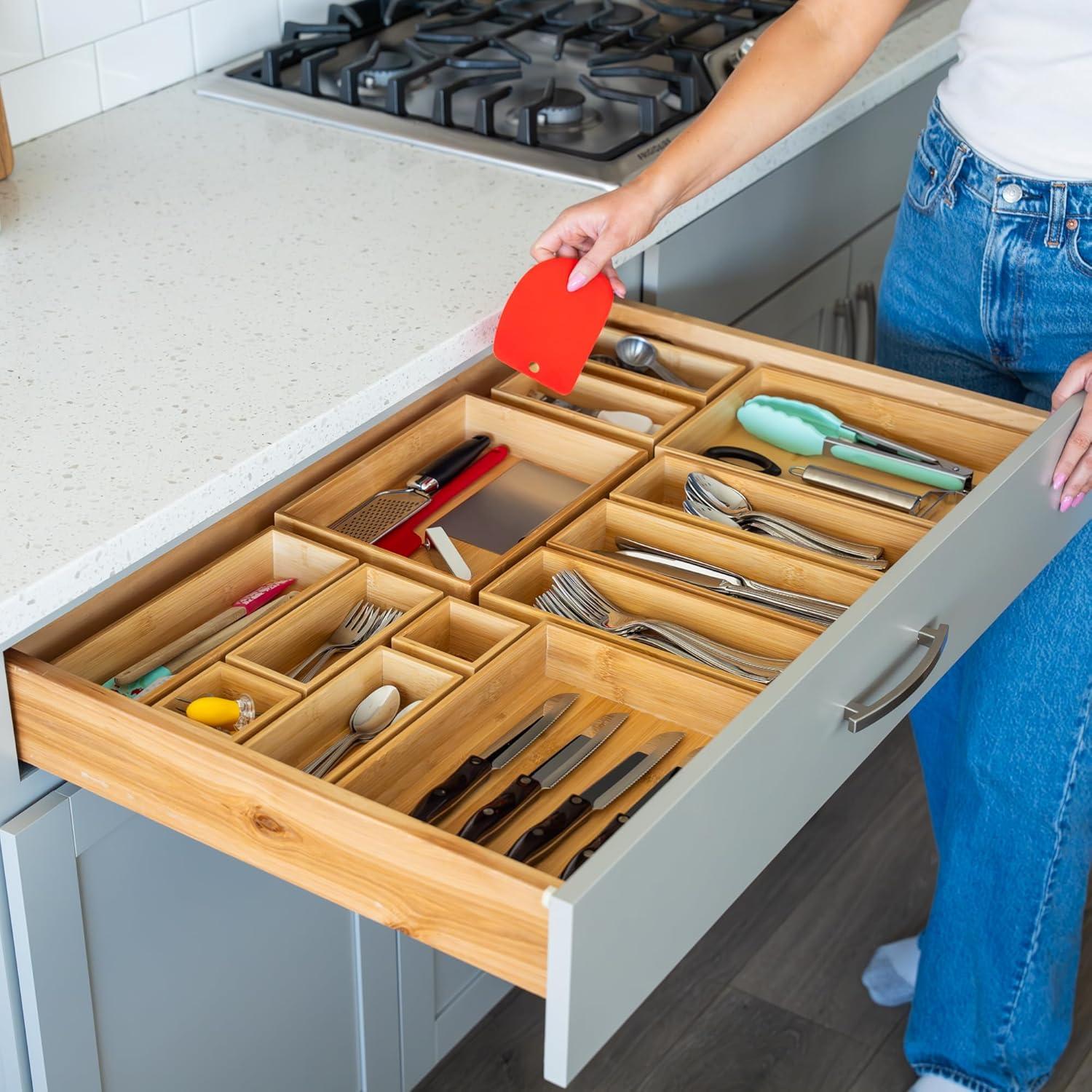 SpaceAid 14-Piece Bamboo Drawer Organizer Set, Multi-Use Wood Tray Dividers For Kitchen, Bathroom, Office Desk, And Makeup Storage (Natural)