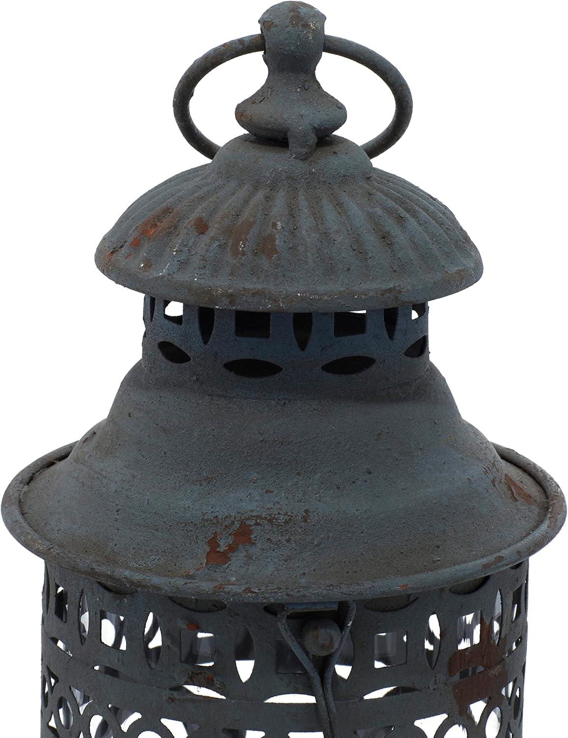 Rustic Gray Iron Candle Lantern Set with Intricate Cutouts