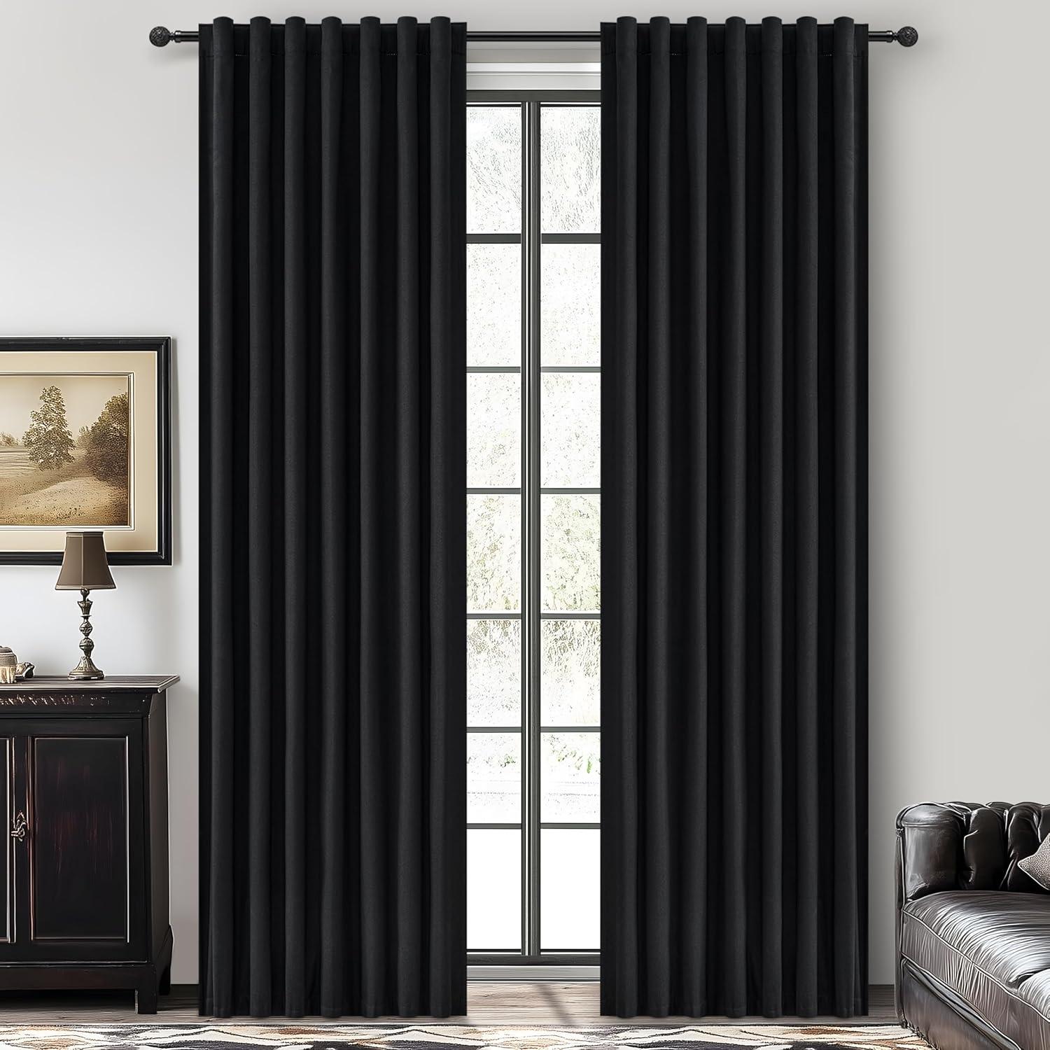 HPD Half Price Drapes Essential Black Faux Linen Room Darkening Curtains for Bedroom & Living Room Curtains (1 Panel), Door & Window Curtains 96 inches long, Rod Pocket Curtains & Drapes, 50W X 96L