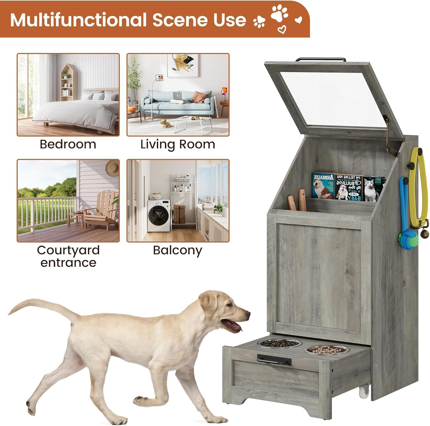 gaomon Dog Feeding Station with Storage Cabinet, 2 Elevated Dog Bowls, Filp Top Dog Food Storage Cabinet Container