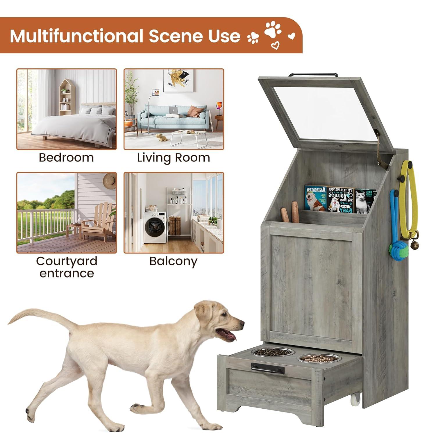 gaomon Dog Feeding Station with Storage Cabinet, 2 Elevated Dog Bowls, Filp Top Dog Food Storage Cabinet Container