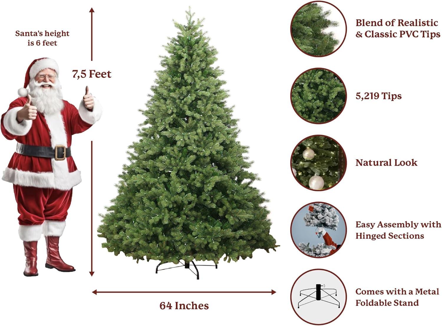 King of Christmas 7.5ft Cypress Spruce Artificial Christmas Tree Unlit, Hinged Xmas Trees with Metal Stand