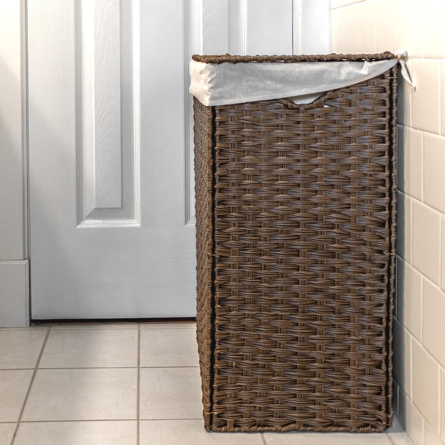 Synthetic Wicker Laundry Hamper Basket With Lid and Liner (Brown)
