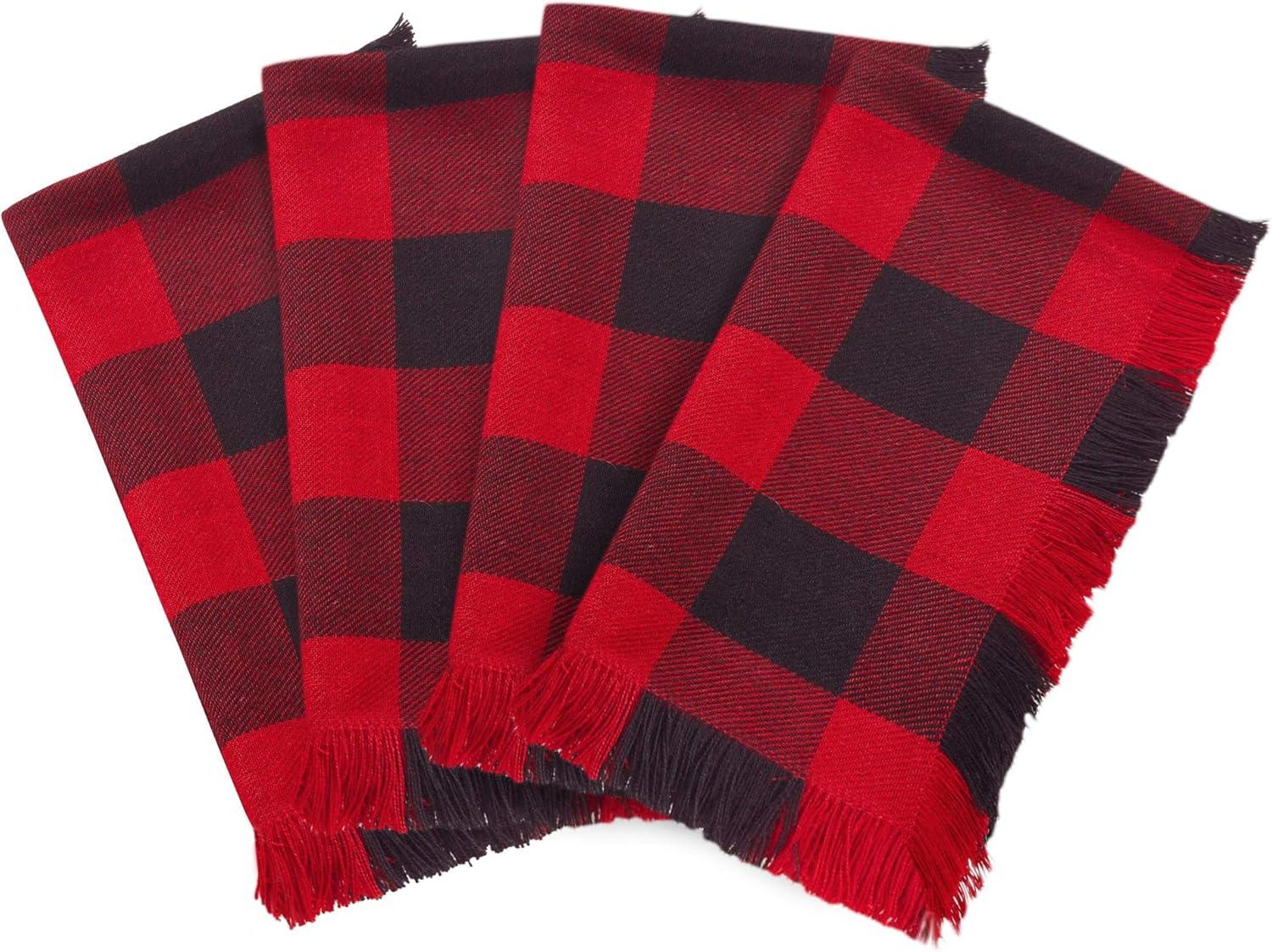 Red and Black Fringed Buffalo Plaid Cotton Napkins, Set of 4