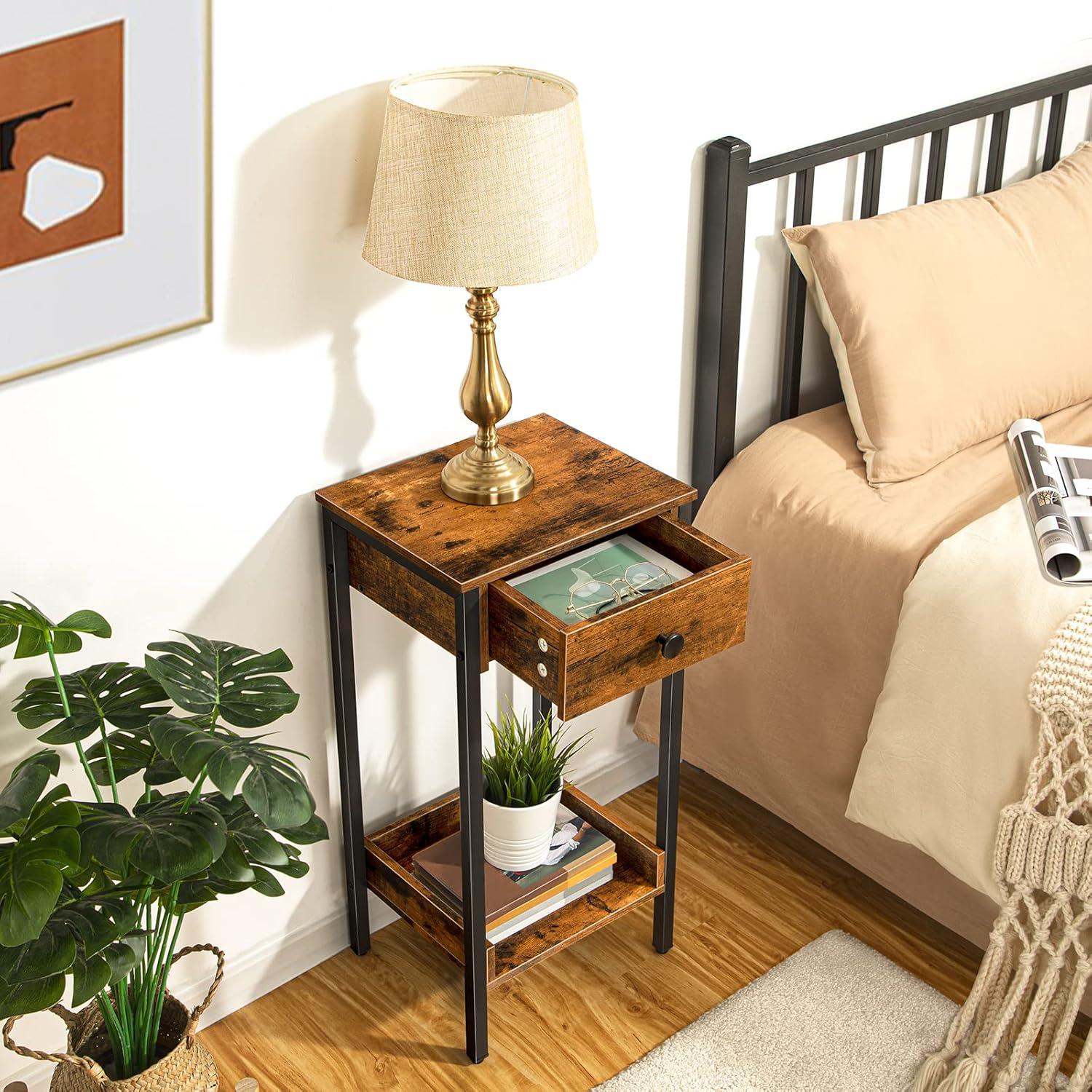 Rustic Brown and Black Metal End Table with Drawer and Shelf