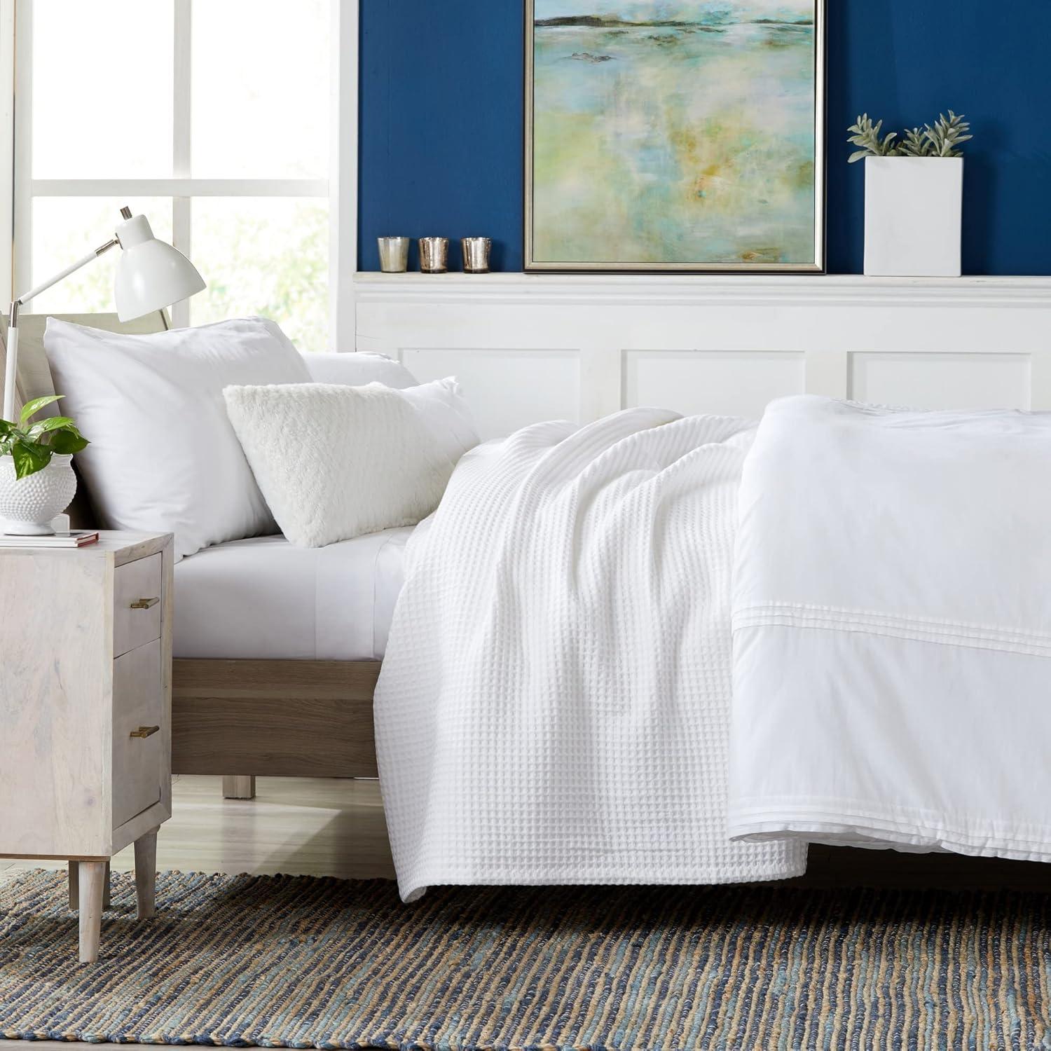 Full White Cotton Waffle Weave Bed Blanket