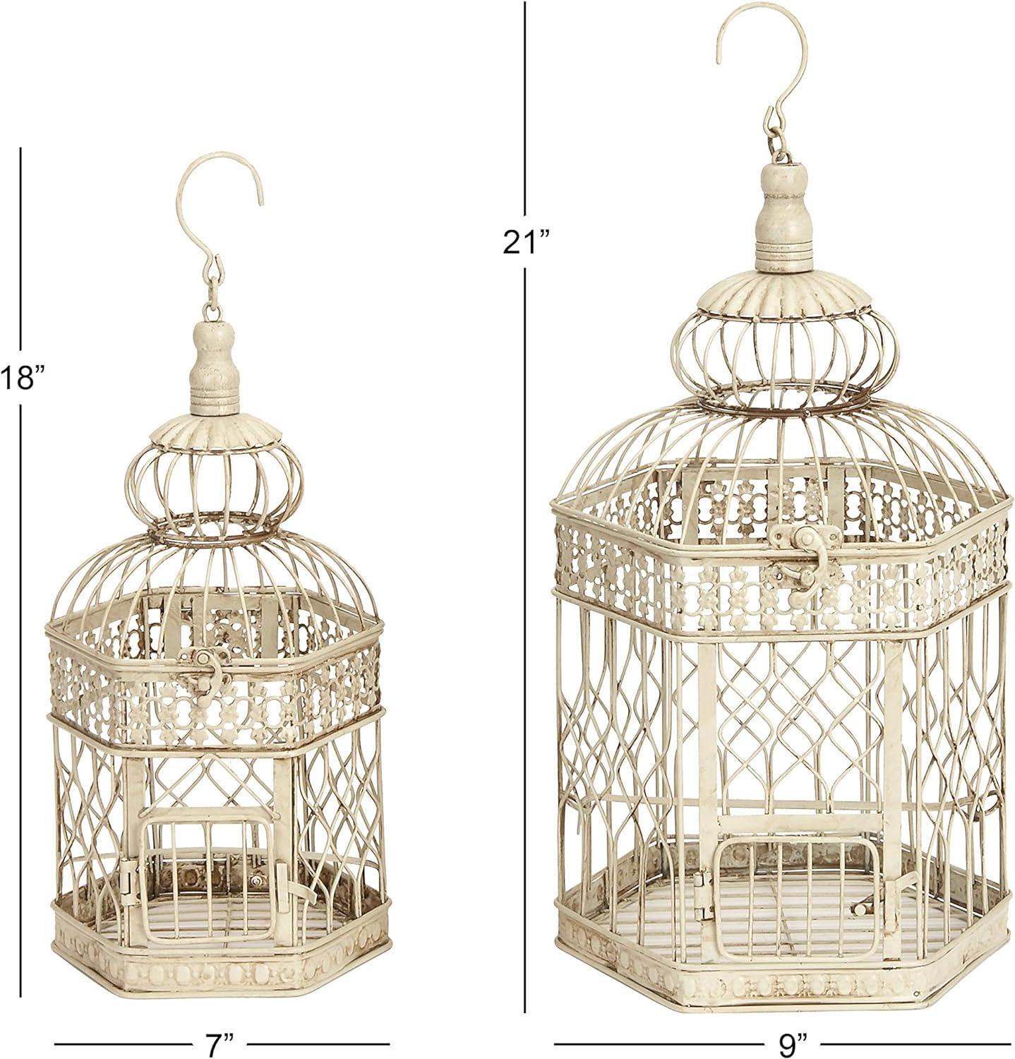DecMode Cream Vintage Metal Birdcage with Crisscross Vertical Bars and Floral Embossed Design, Set of 2 21", 18"H