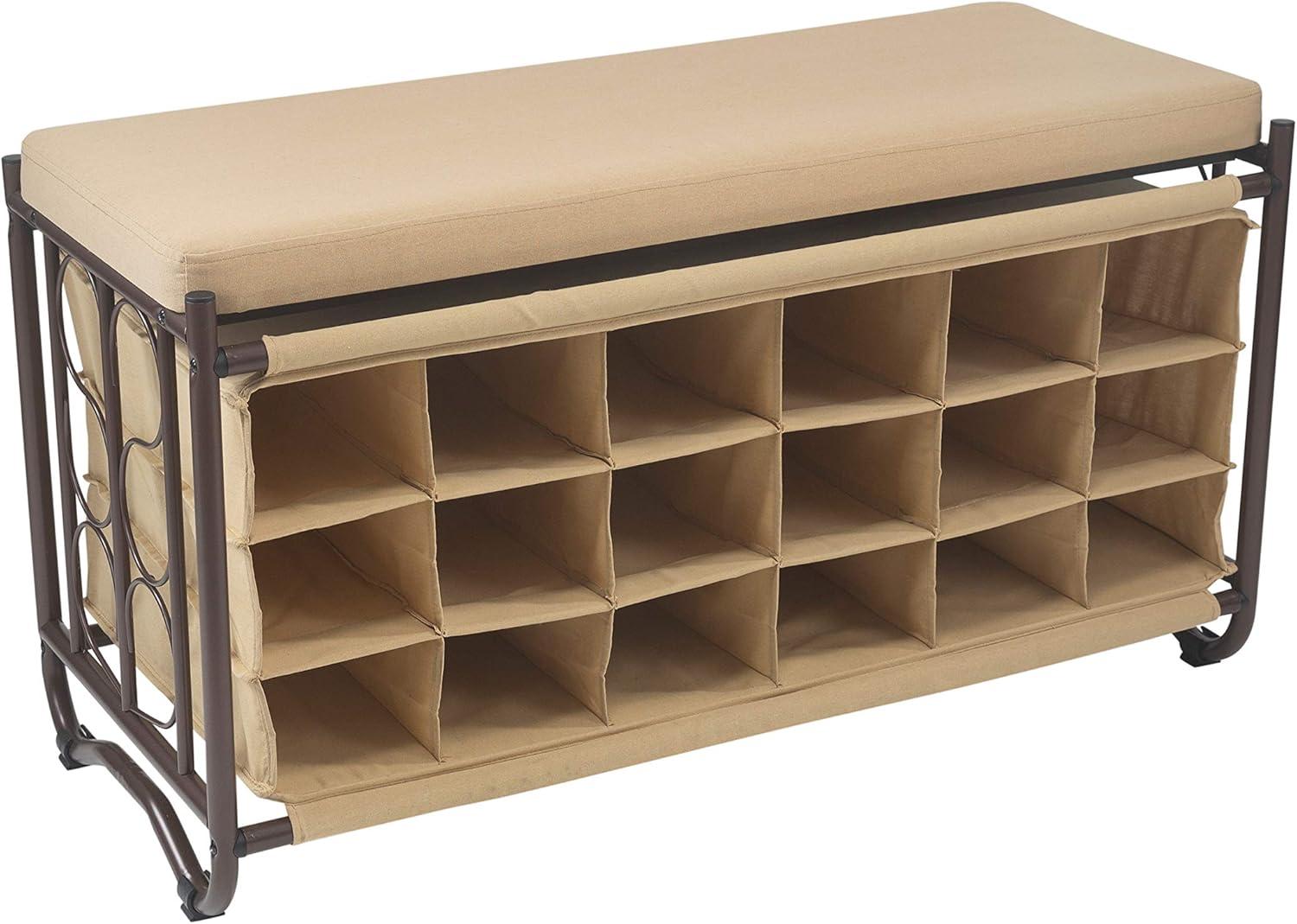 Organize It All Shoe Rack with Bench: Metal Frame, Holds 18 Pairs, Entryway Shoe Storage, Beige & Black, 39.75" Width