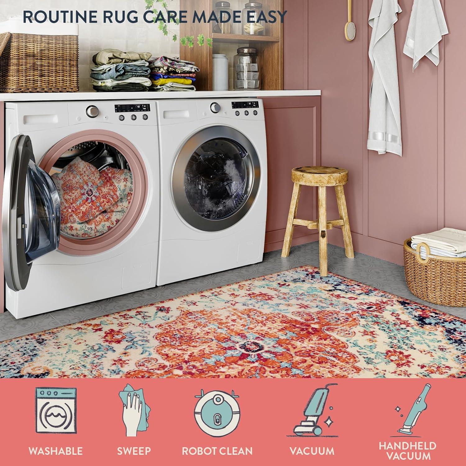 Moynesa 2'x3' Bohemian Area Rug, 2x3ft Small Boho Washable Bathroom Entryway Kitchen Rug,Floral Medallion Non Slip Pet Friendly Vintage Throw Carpet for Front Door Sink Living Room Bedroom, Orange