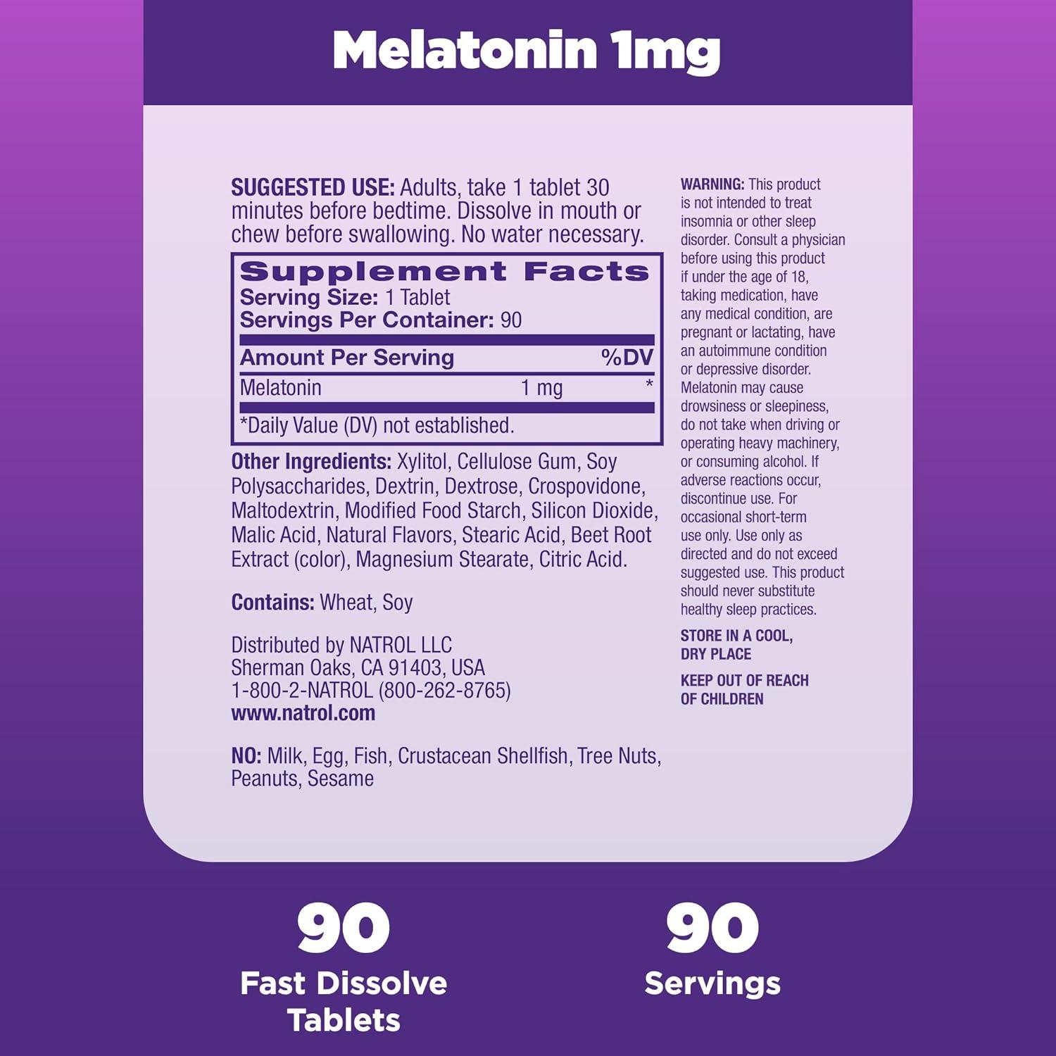 Natrol Fast Dissolve Melatonin 1 mg, Melatonin Supplements for Restful Sleep, Sleep Support for Adults, 90 Strawberry-Flavored Tablets, Up to a 90 Day Supply