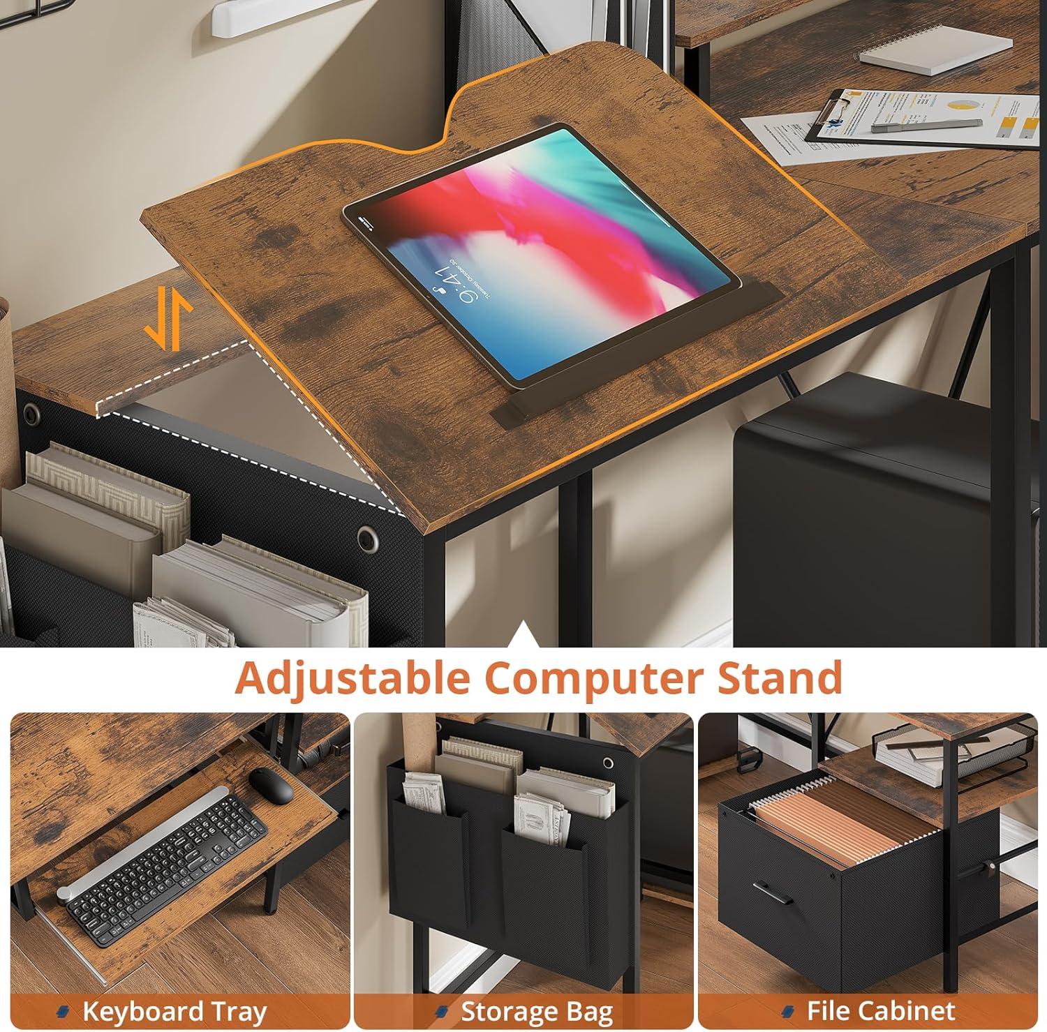 Afuhokles L Shaped Gaming Desk, Led Reversible Corner Computer Desk with Power Outlet, Monitor Stand CPU Stand, Brown