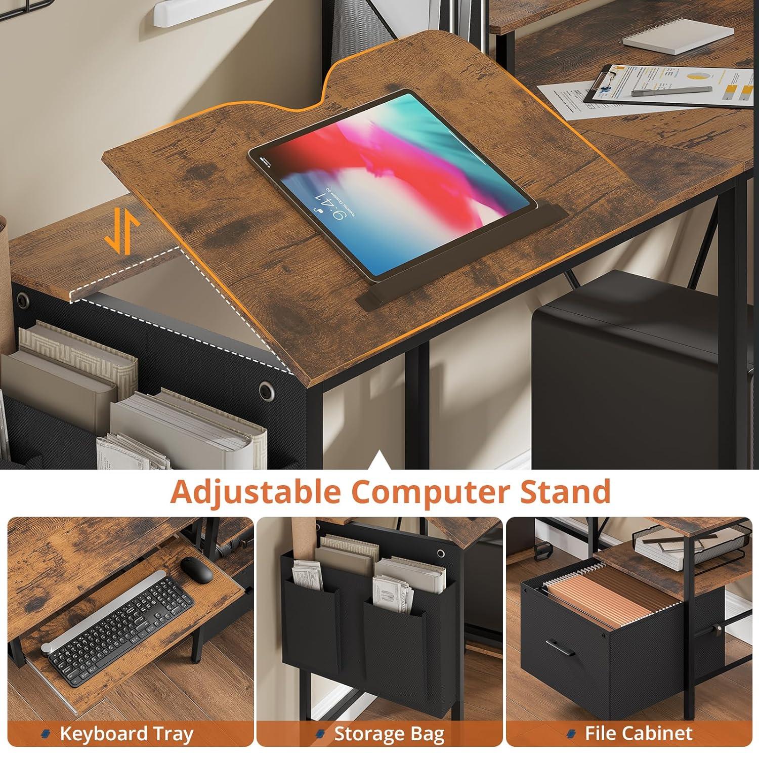 Afuhokles L Shaped Gaming Desk, Led Reversible Corner Computer Desk with Power Outlet, Monitor Stand CPU Stand, Brown