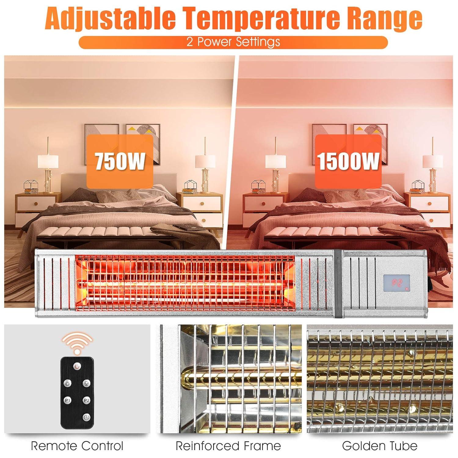 Costway Wall-Mounted Patio Heater 750W/1500W Infrared Heater with 9-Level Adjustable 24H Timer & Remote Control Silver