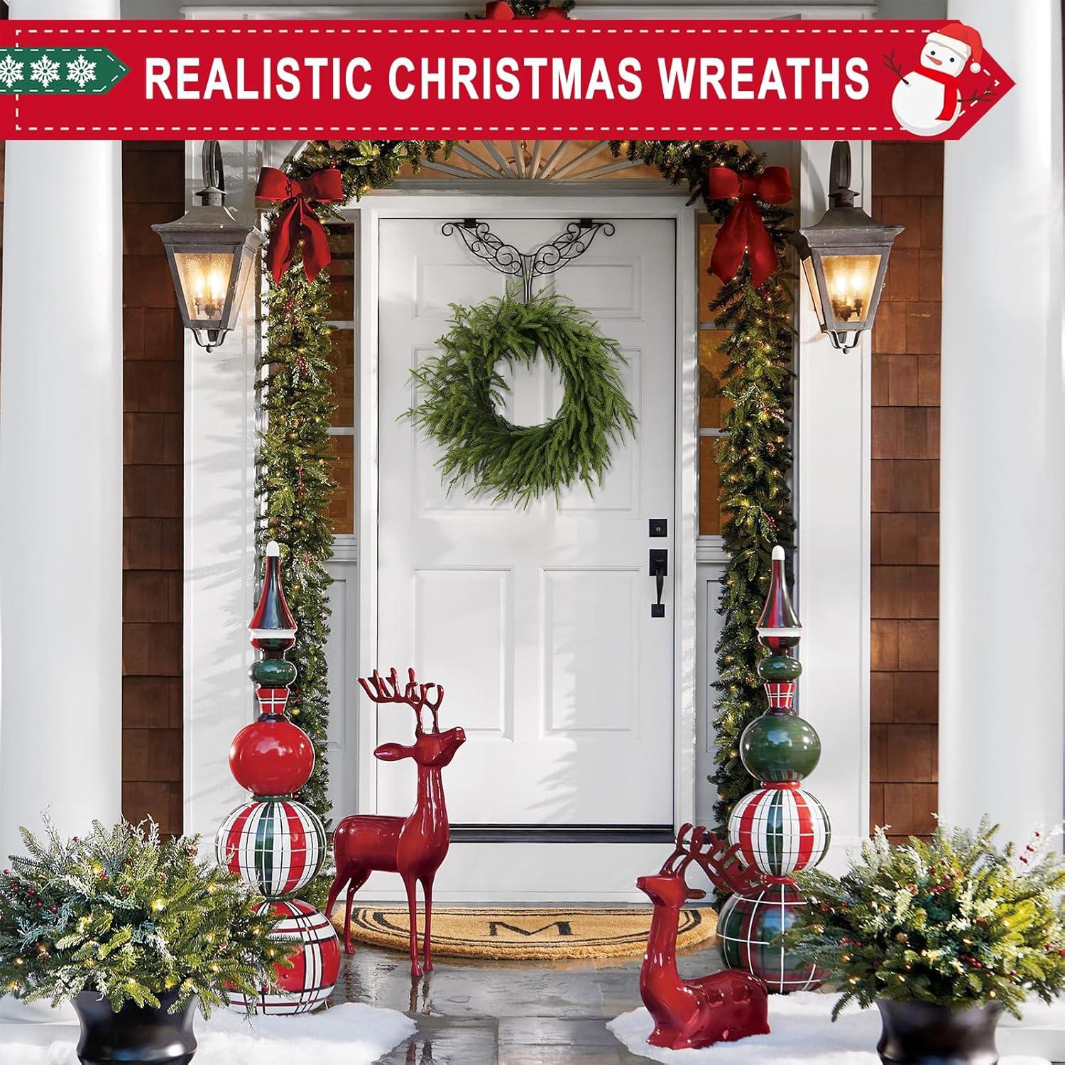 MUYIER 24" Real Touch Norfolk Pine Wreath for Front Door Artificial Christmas Wreath Green Faux Pine Wreath