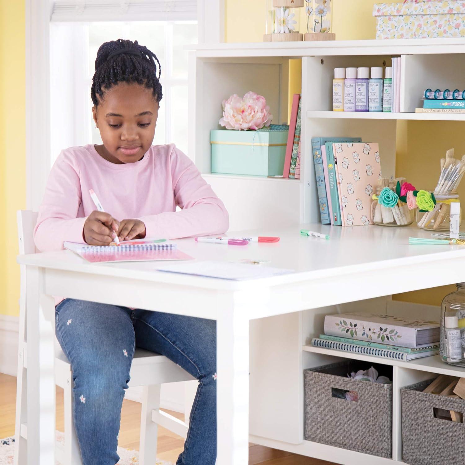 Creamy White Wooden Kids' Desk and Chair Set with Storage