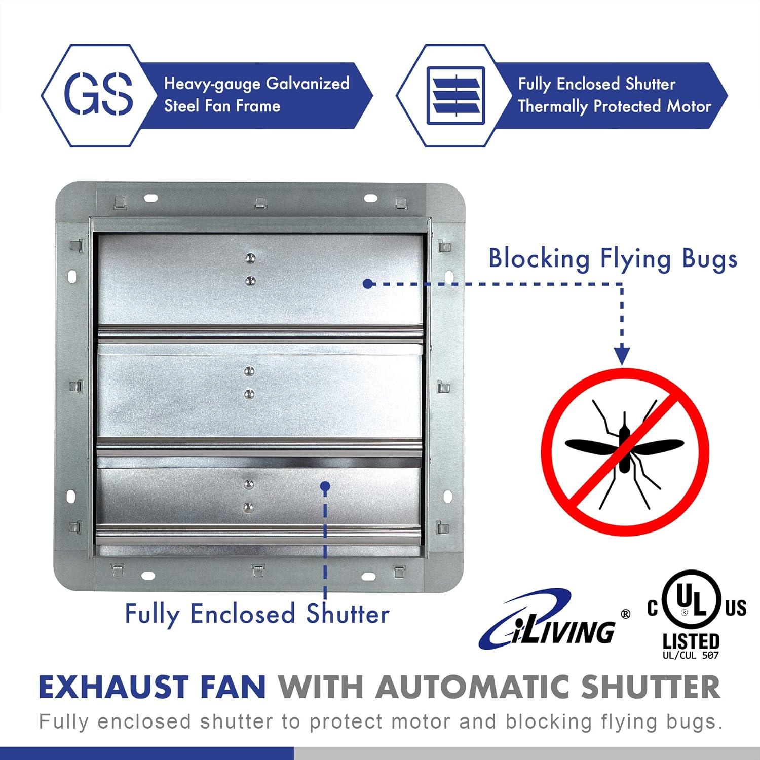 iLIVING ILG8SF12V-ST 12" Wall Mounted Shutter Exhaust Fan, Automatic Shutter, with Thermostat and Variable Speed controller, 0.6A, 960 CFM, 1400 SQF Coverage Area Silver