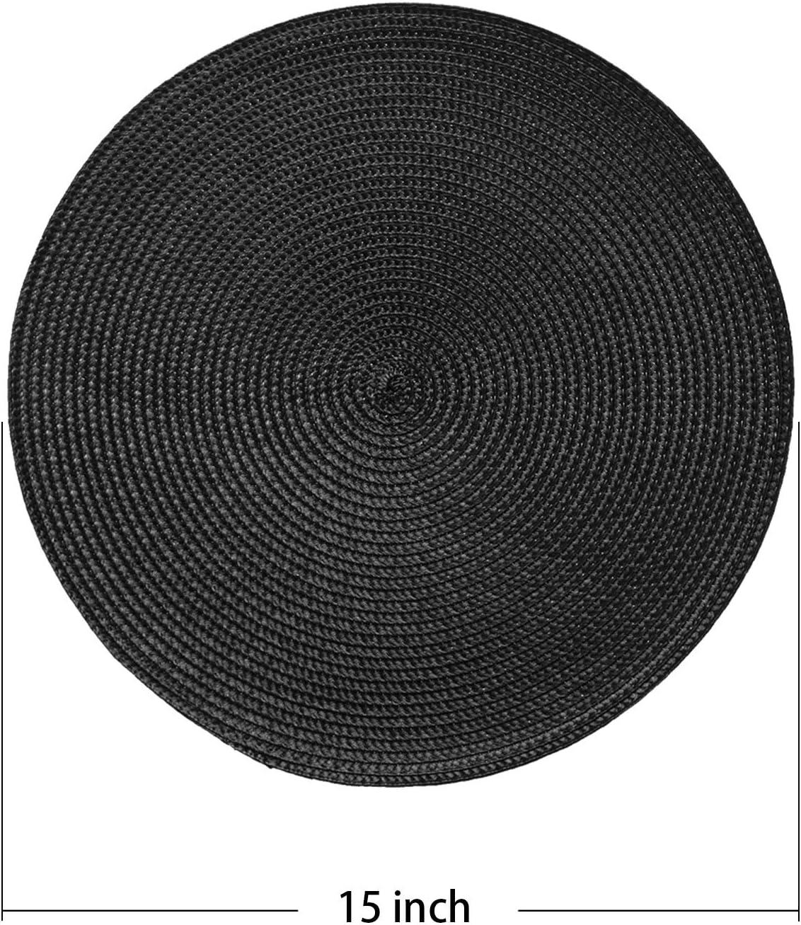 Rome Woven Braided Stitch Edge Table Placemats 15 Inches Round Set of 6 Non-Slip Dining & Kitchen Table Mats Black