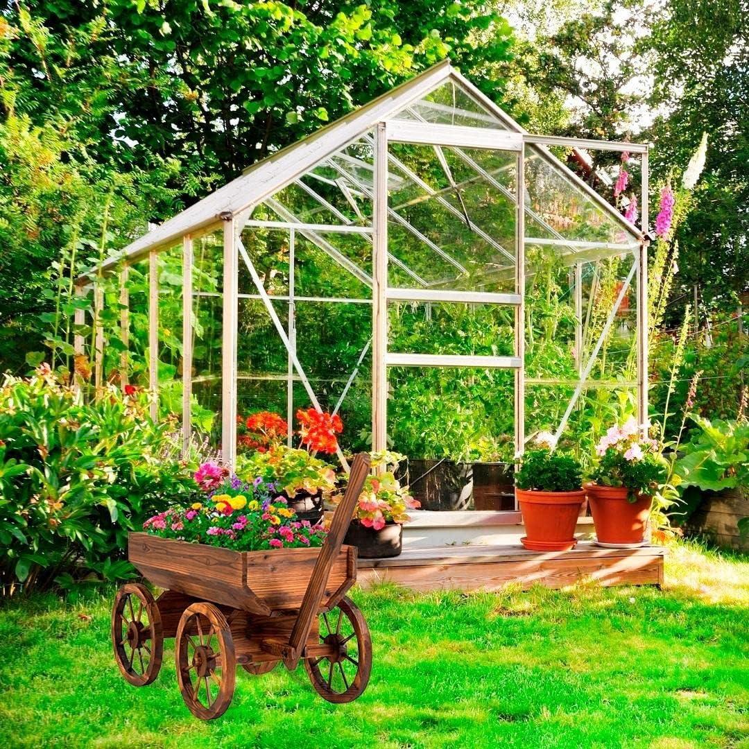 Rustic Cedar Wood Wagon Planter with Wheels for Outdoor Use