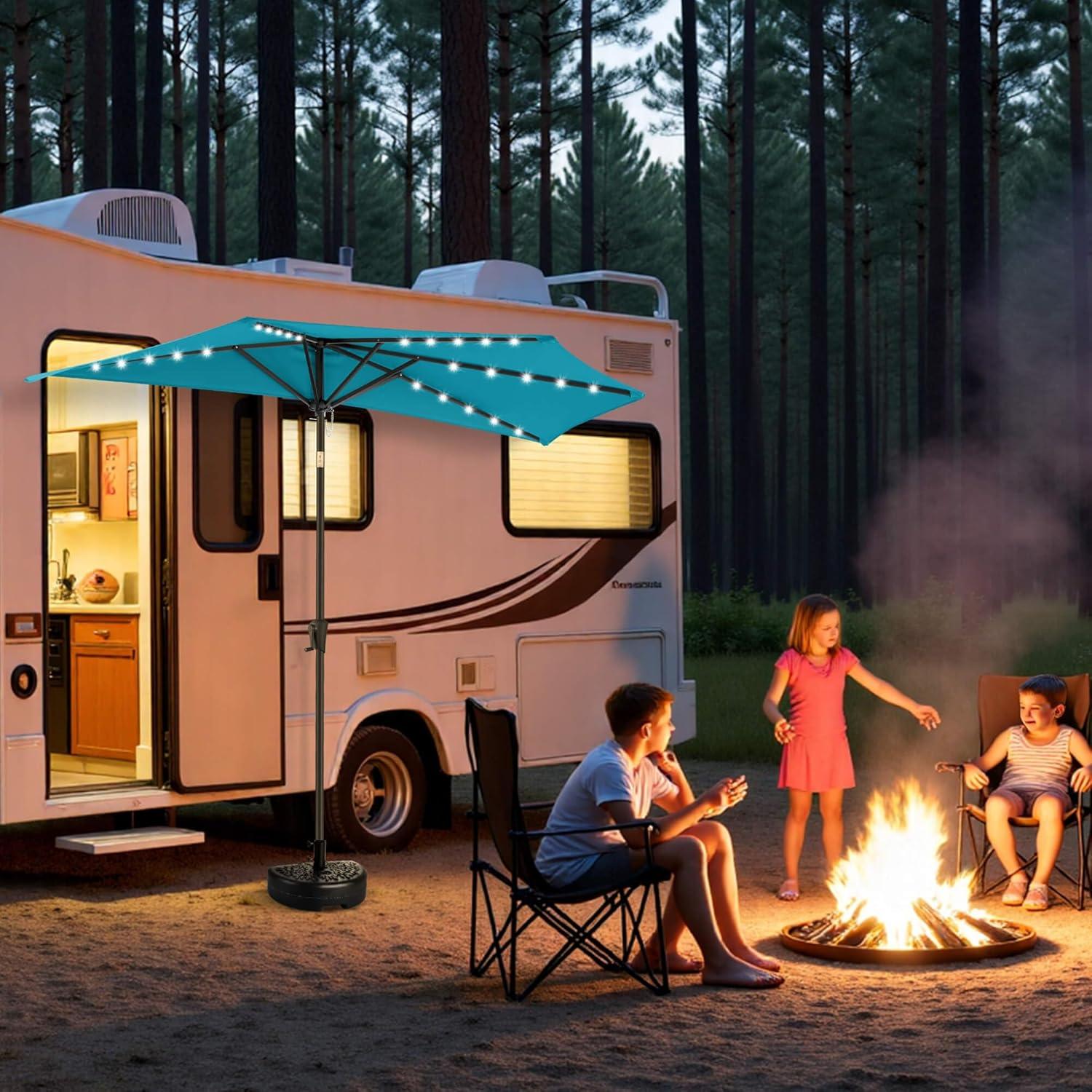 FLAME&SHADE 9 ft Half Round Solar Powered Outdoor Market Patio Table Umbrella for Wall Balcony with LED Lights and Tilt, Aqua Blue