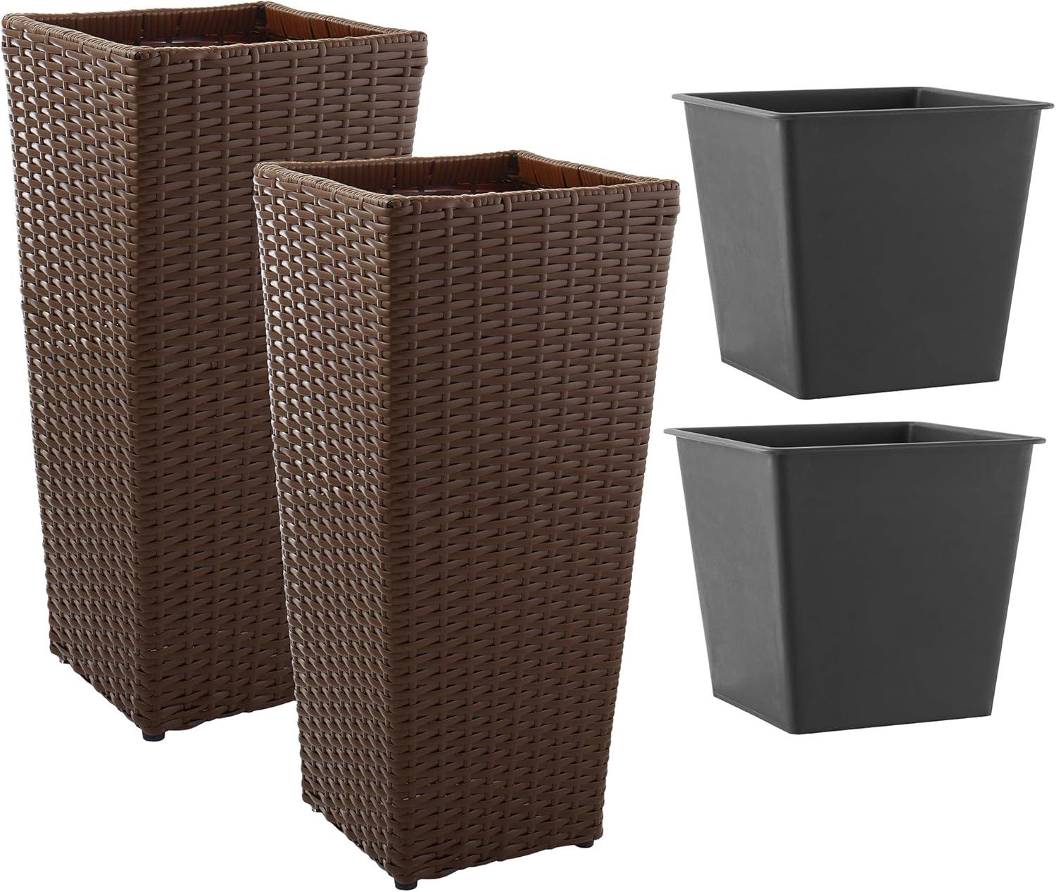 Casafield All-Weather Outdoor Planters with Liners - Set of 2, Tall Tapered Plant Boxes with Flower Pots for Front Porch, Patio, Garden - Espresso