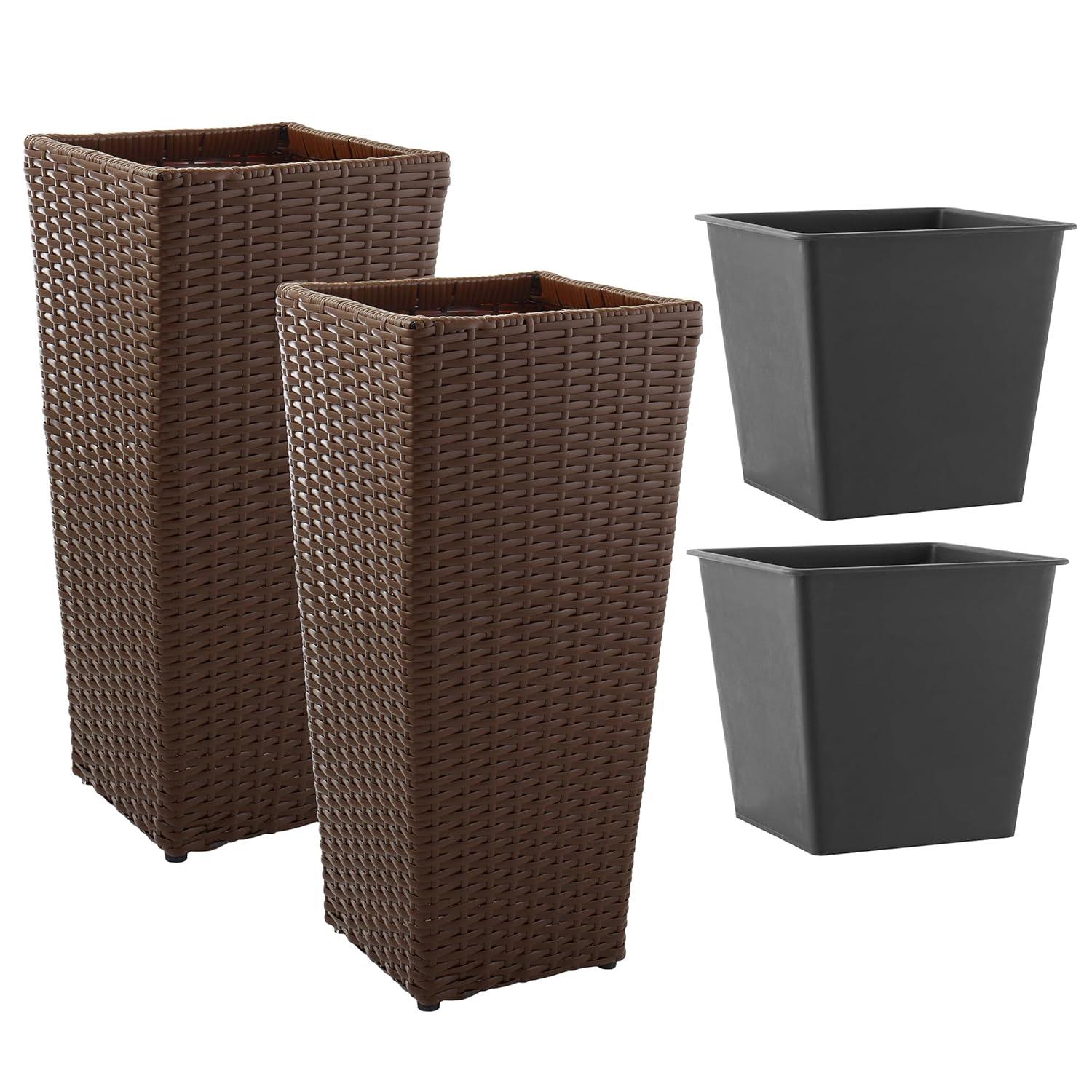Casafield All-Weather Outdoor Planters with Liners - Set of 2, Tall Tapered Plant Boxes with Flower Pots for Front Porch, Patio, Garden - Espresso