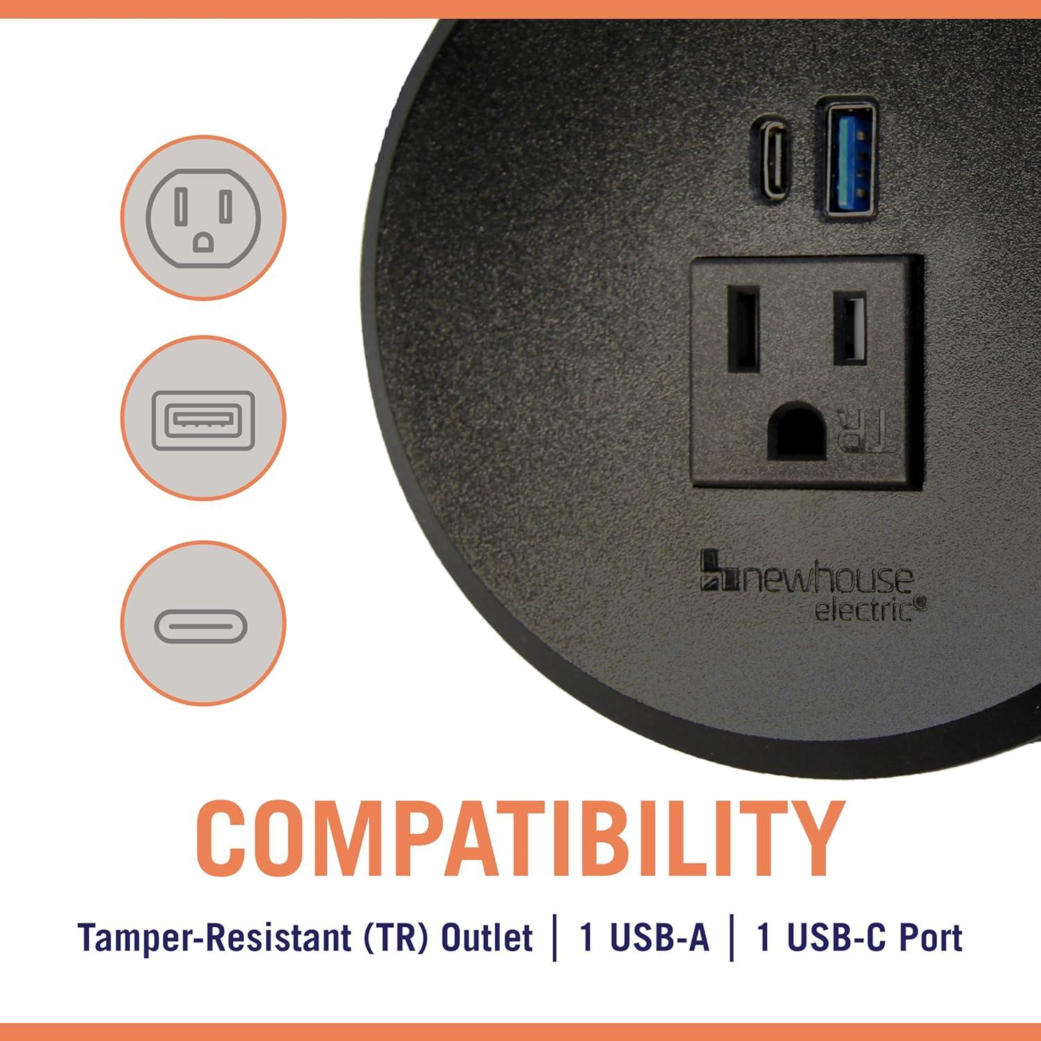 2-4 in. Universal Desk Grommet with Tamper Resistant Electrical Outlet, USB Ports, and 6.5-ft. Cable
