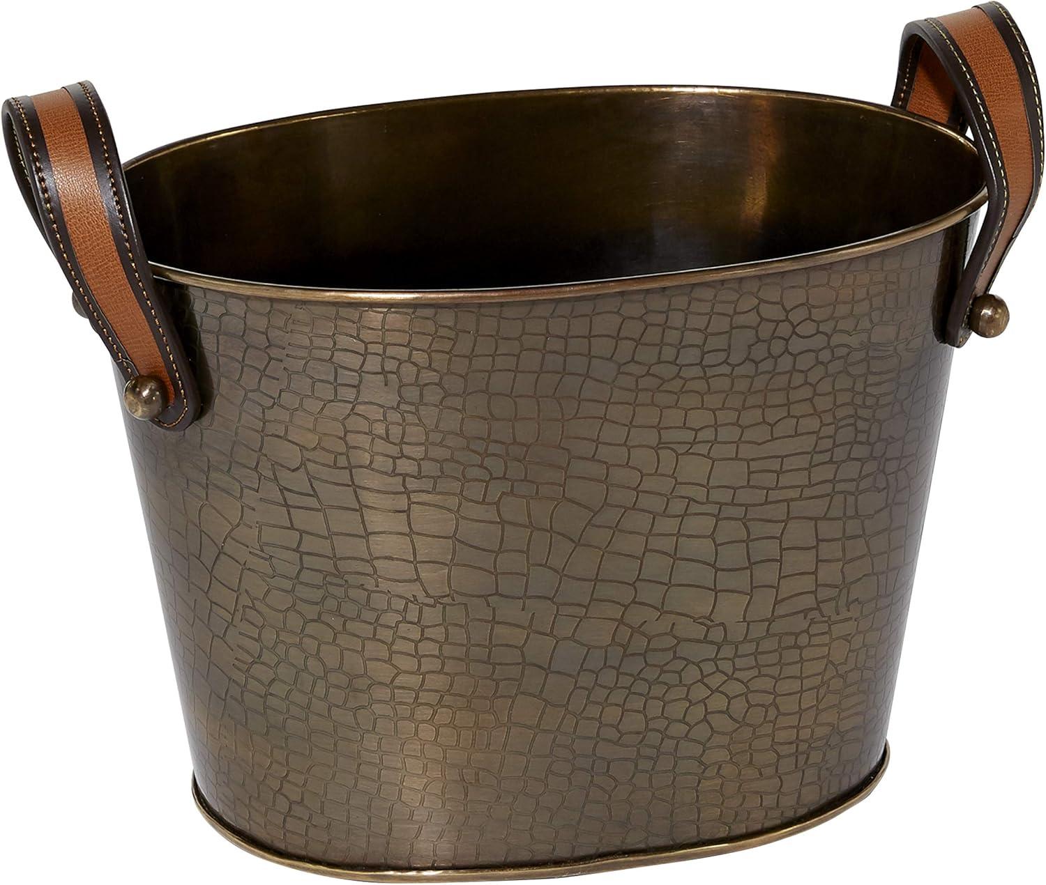 DecMode Oval Metal 6 Bottles Bronze Ice Bucket with Leather Strap Handles