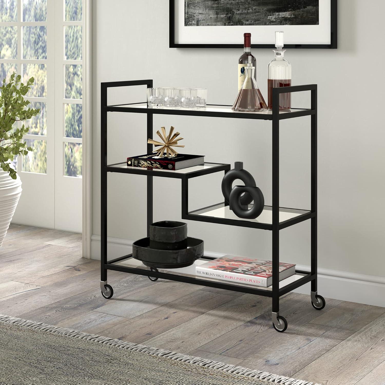 Evelyn&Zoe Lovett 33" Wide Rectangular Bar Cart with Glass Shelves, Blackened Bronze
