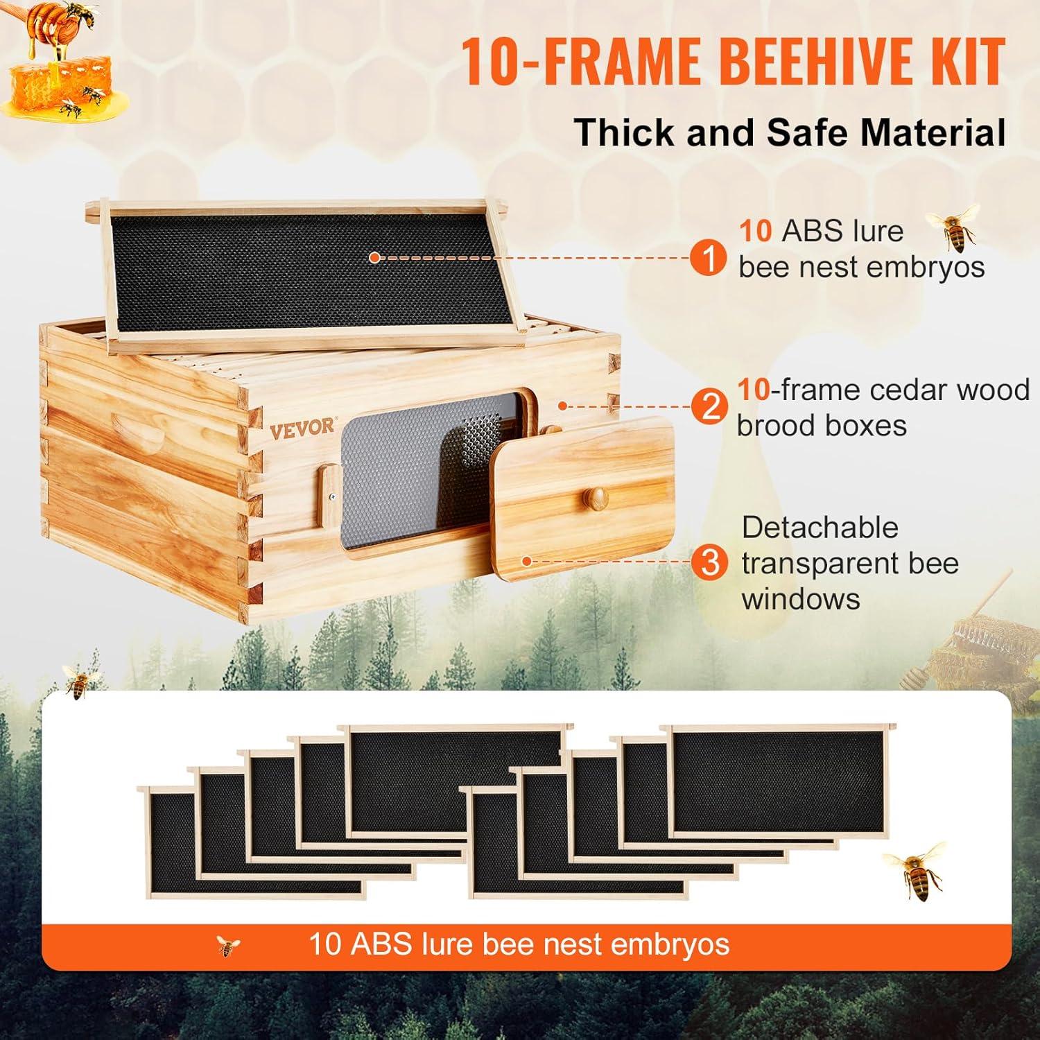 VEVOR Bee Hive Deep Box Starter Kit, 100% Beeswax Coated Natural Cedar Wood, Langstroth Beehive Kit with 10 Frames and Foundations, Transparent Acrylic Bee Windows for Beginners and Pro Beekeepers