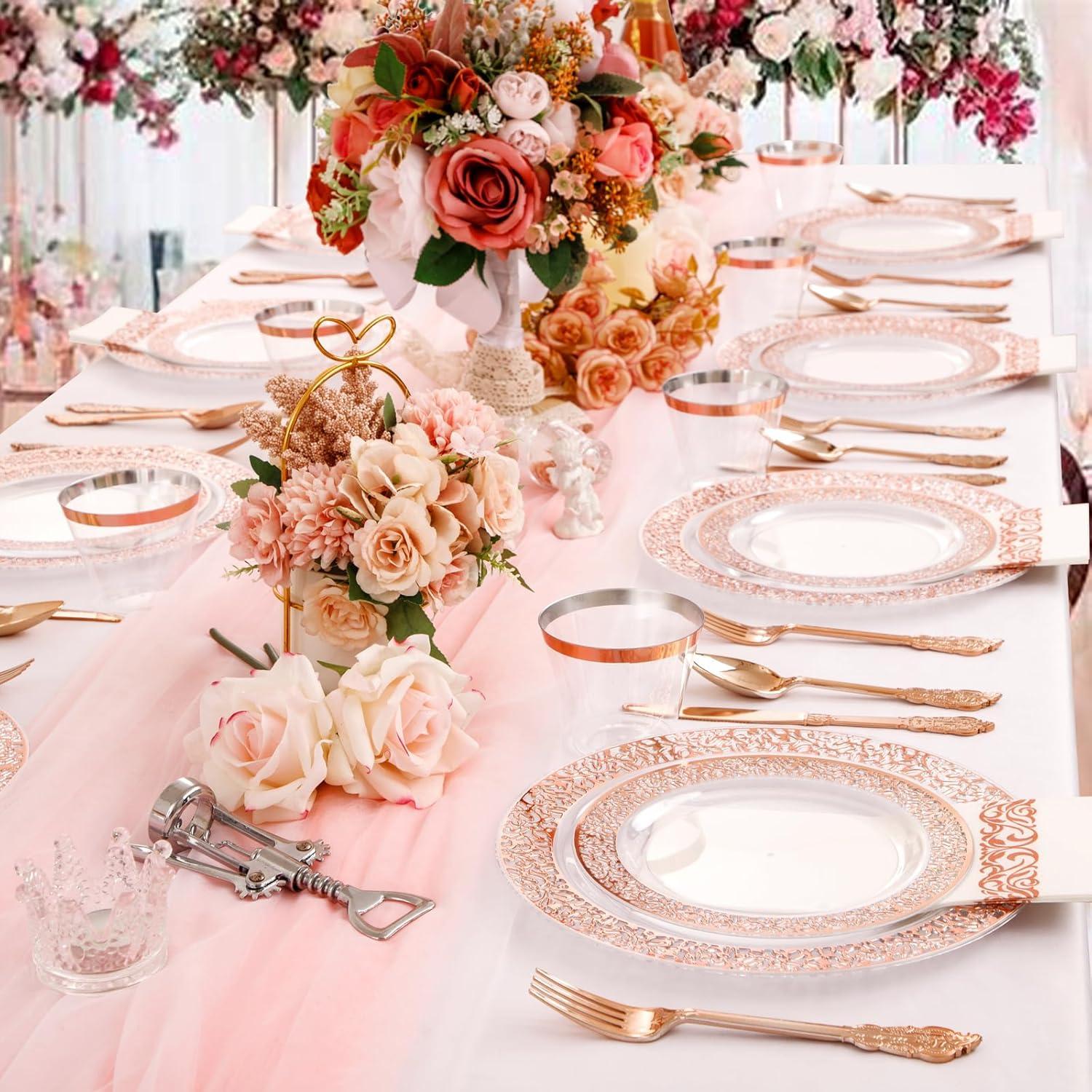 Rose Gold and Clear Plastic Dinnerware Set for 50 Guests