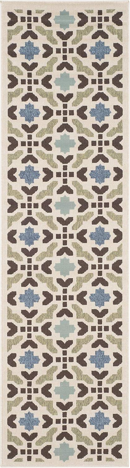 SAFAVIEH Veranda Branson Geometric Indoor/Outdoor Runner Rug, 2'3" x 8', Cream/Aqua